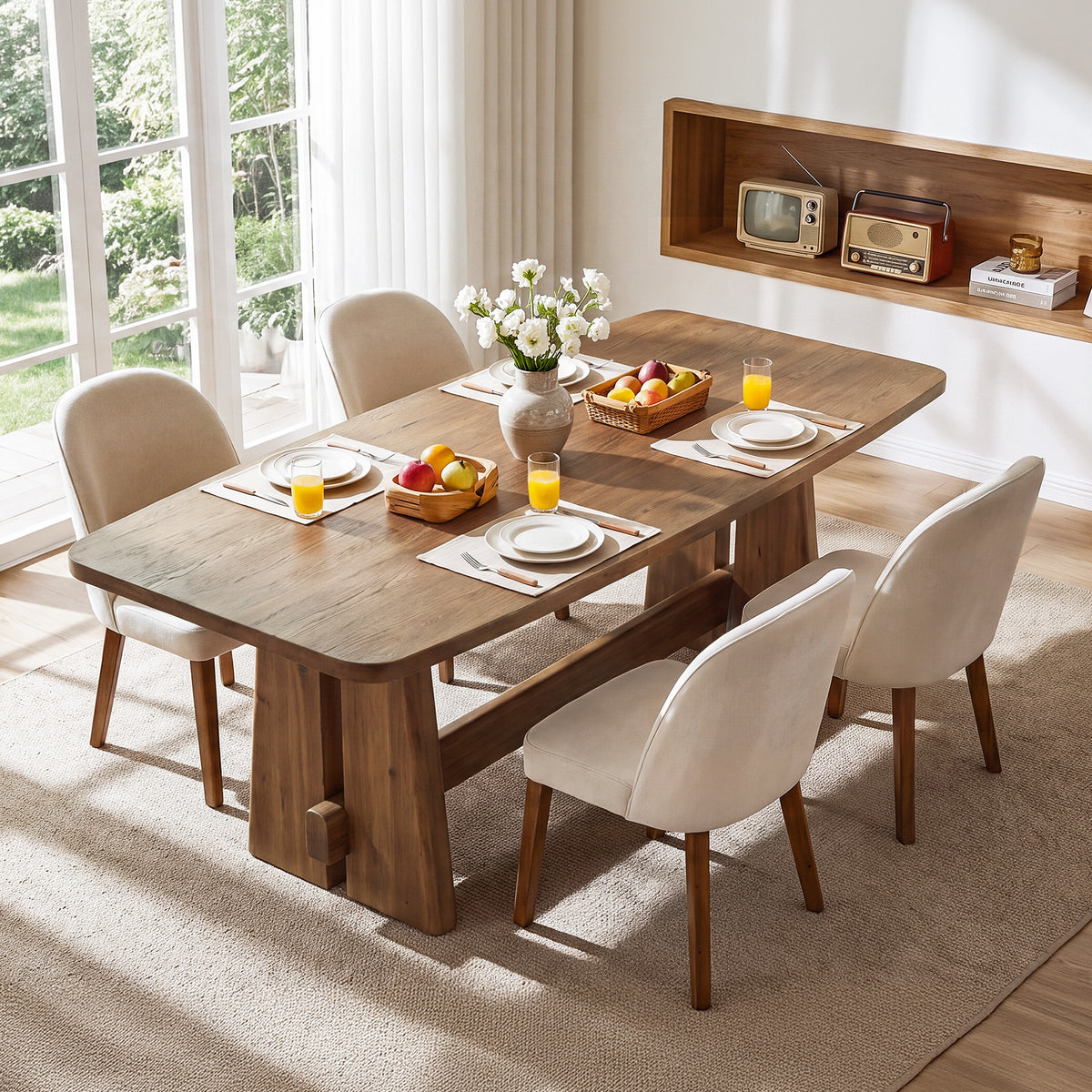 63" Farmhouse Solid Wood Dining Table for 4-6, Thick Top, Rectangular Kitchen Table