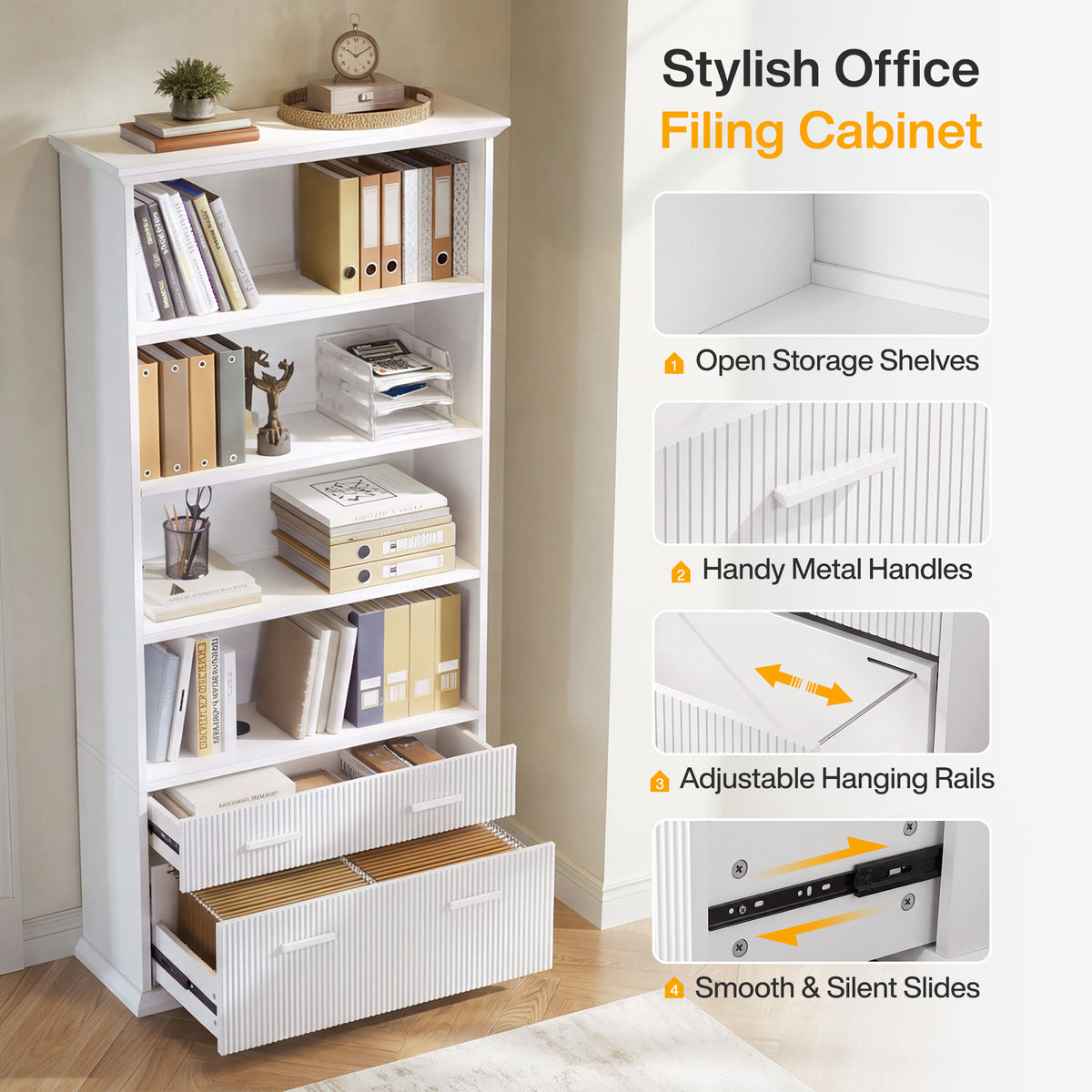 2-Drawer File Cabinet with 4-Tier Shelves, 71" Vertical Storage Cabinet for Home Office