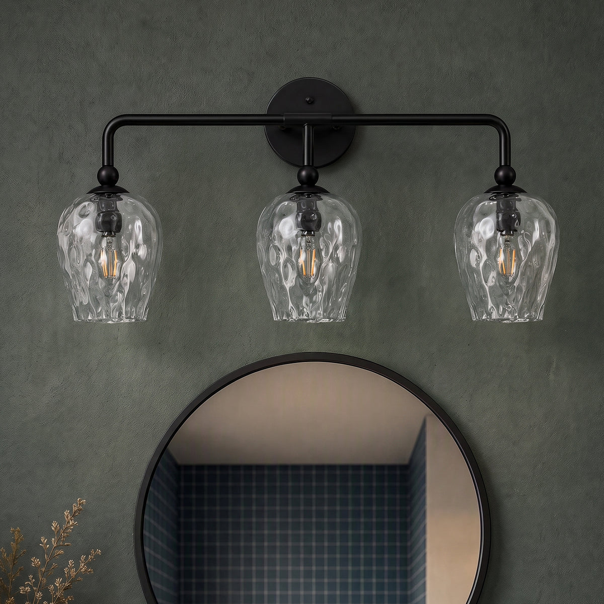 3-Light 22" Bathroom Vanity Light, Matte Black Wall Sconce with Water Ripple Glass