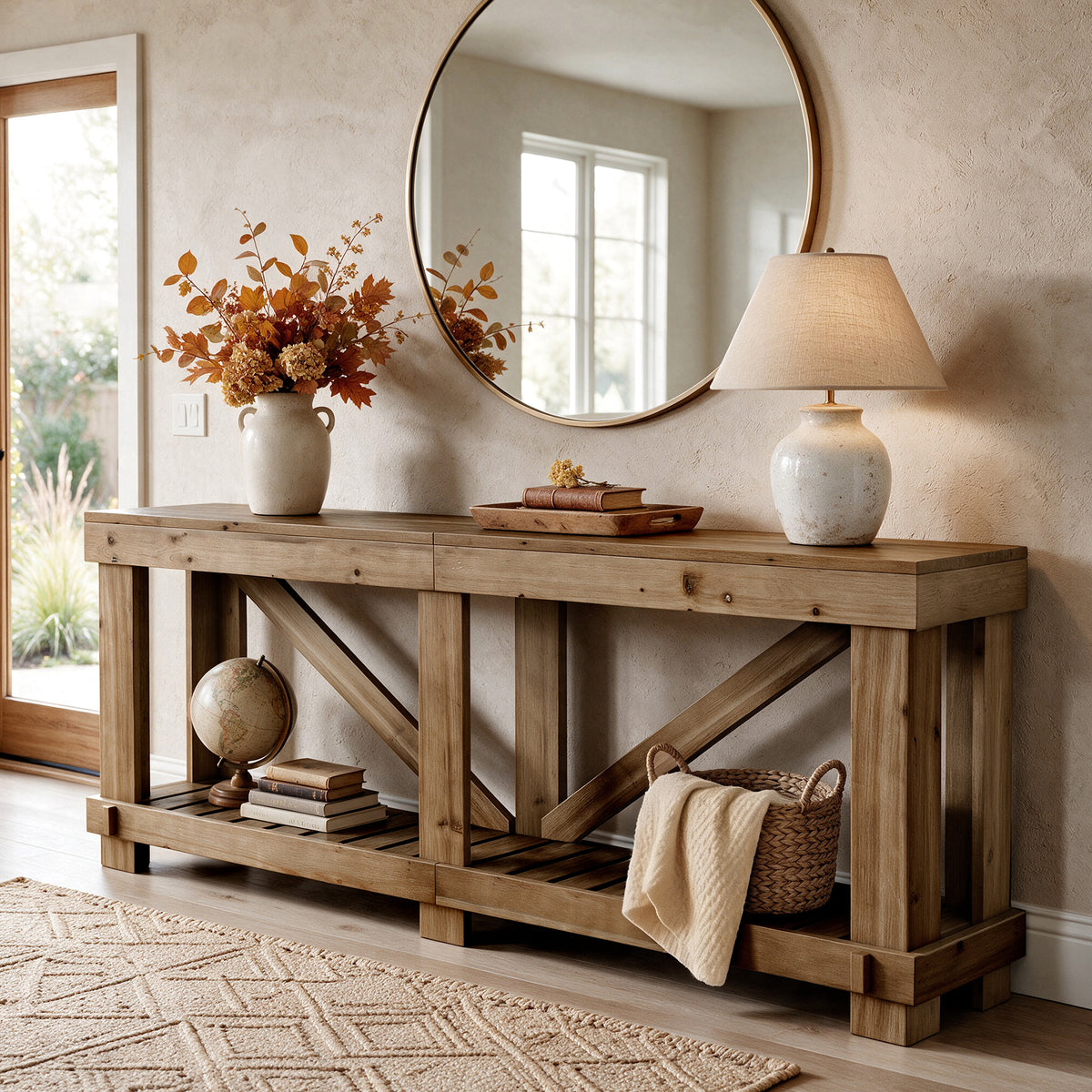 79" Solid Wood Console Table, Narrow Sofa Table with Open Slatted Shelf for Entryway