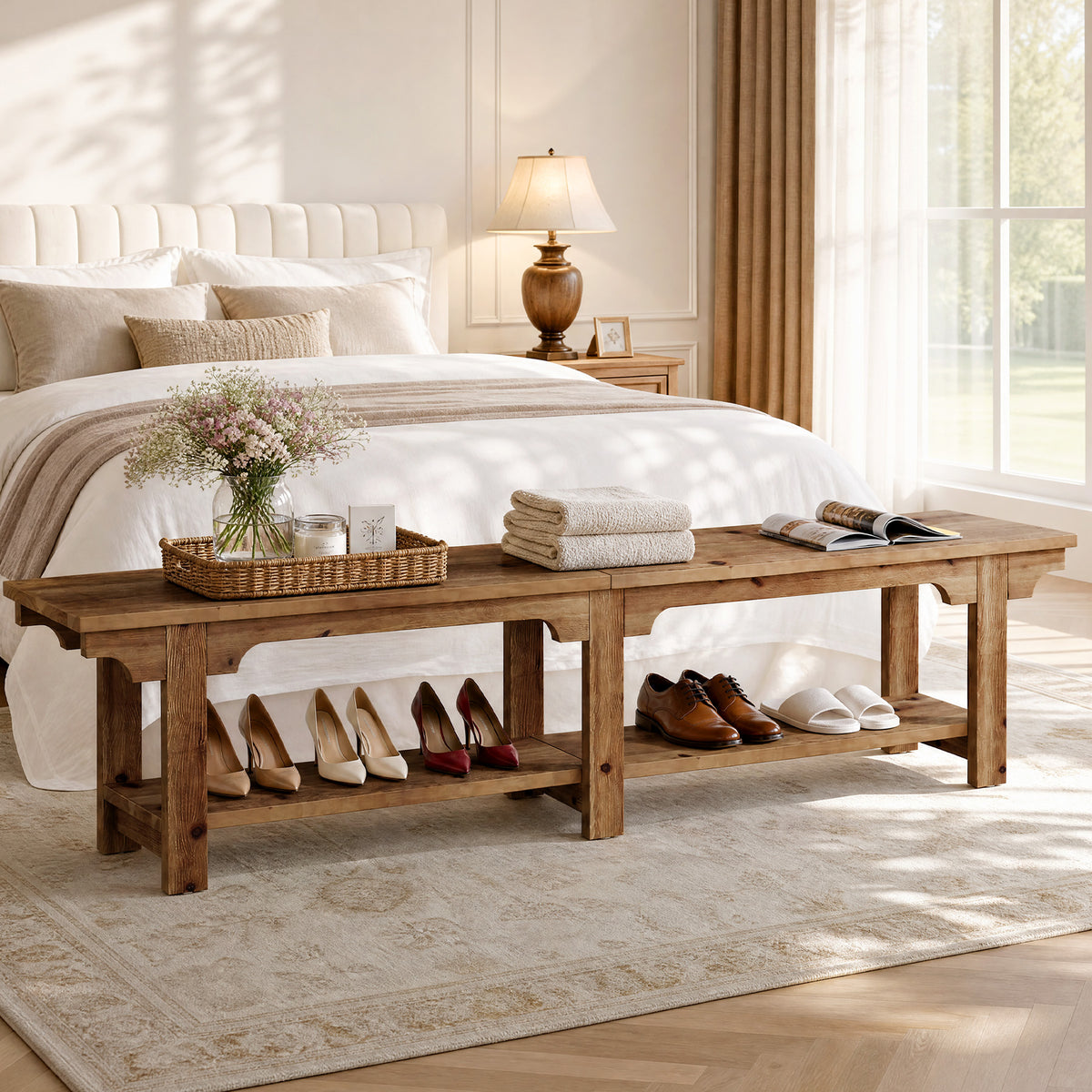 71" Entryway Bench, Farmhouse Solid Wood 2-Tier Shoe Storage Bench for Hallway