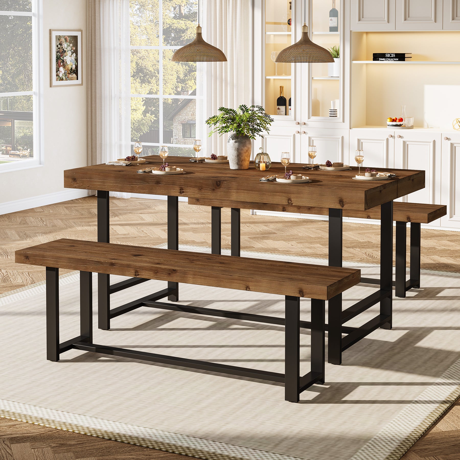 55" Dining Table Set, Solid Wood 3-Piece Rectangle Dinette Set with 2 Benches