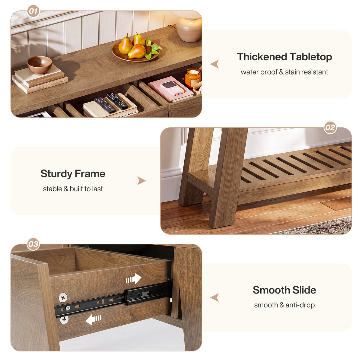 63" Console Table with 3 Drawers & Open Storage Shelf, Narrow Entryway Table Behind Couch