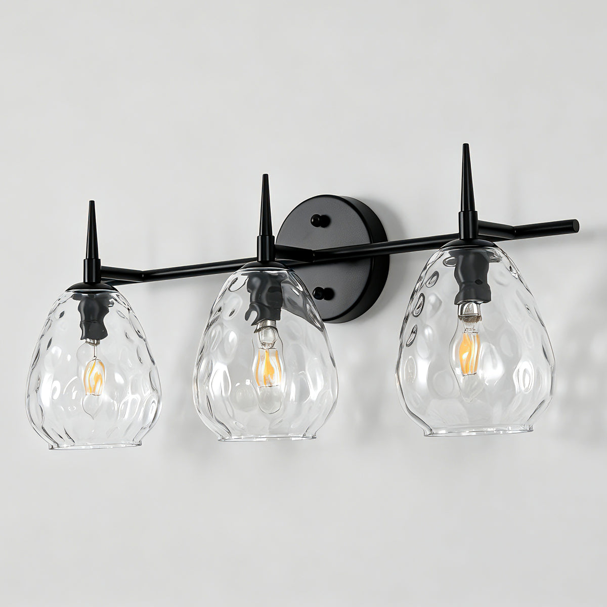 3-Light 22" Bathroom Vanity Light, Matte Black Wall Sconce with Hammered Glass