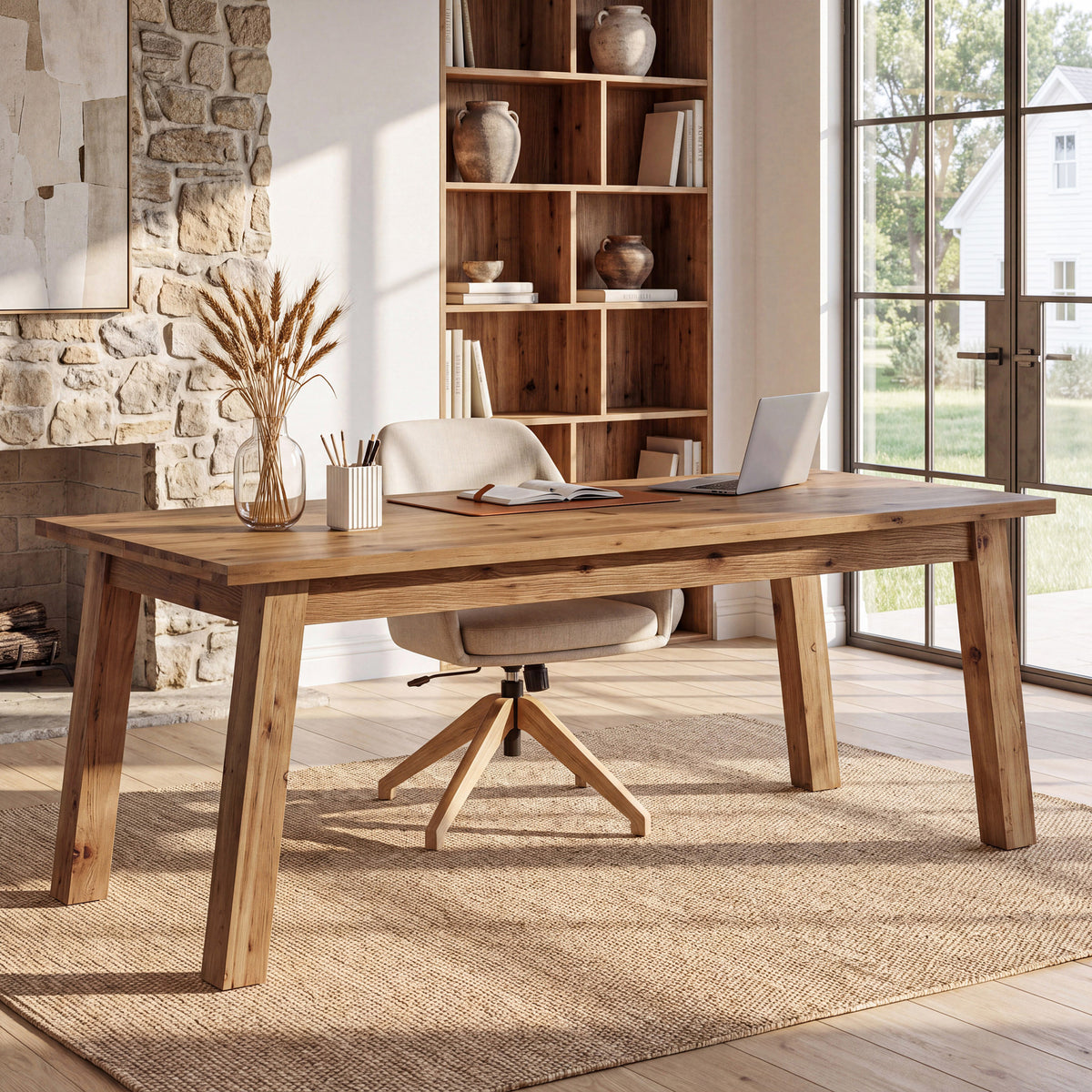 63"  Solid Wood Computer Desk, Farmhouse Executive Desk for Home Office
