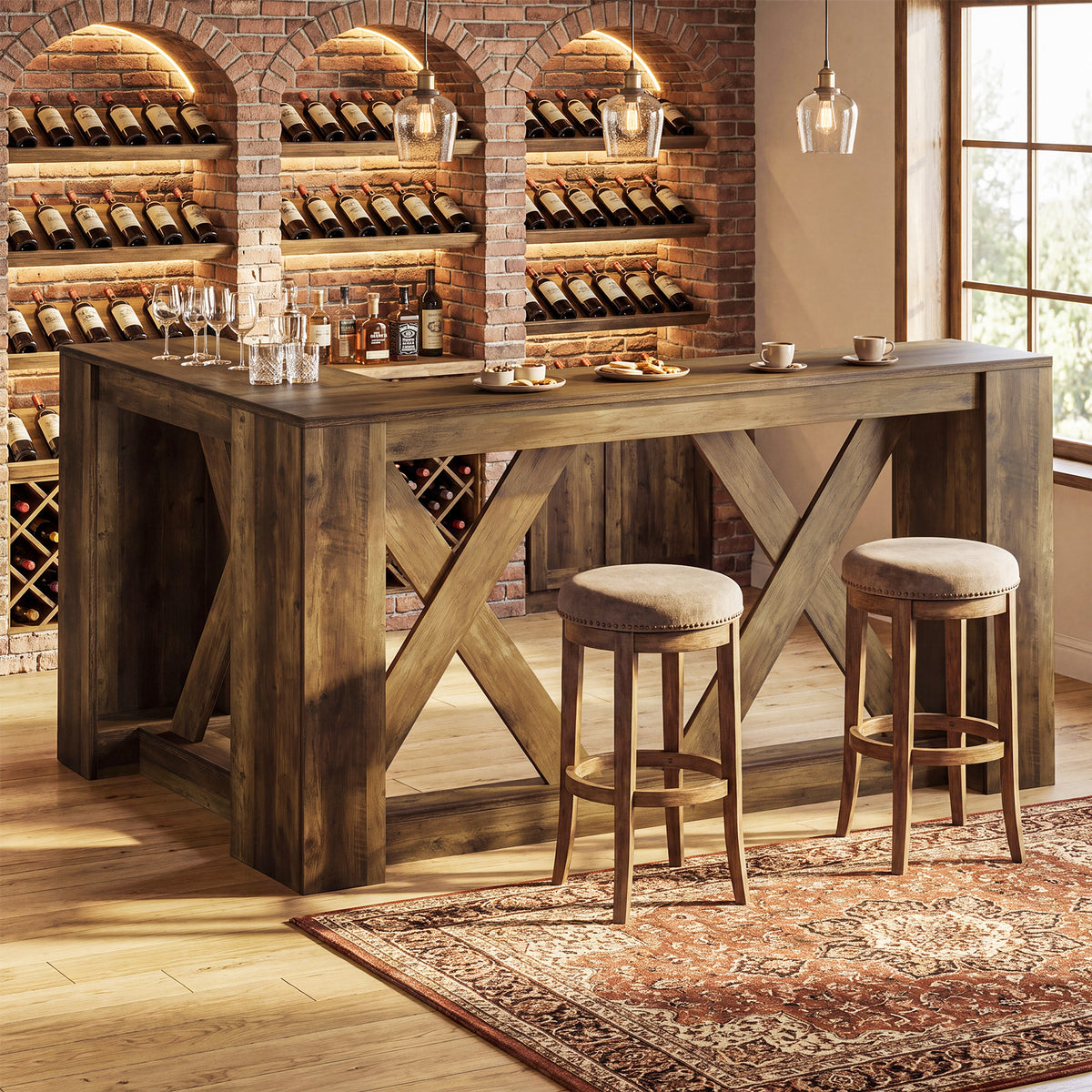 63" L-Shaped Bar Table, X-Cross Frame, Farmhouse Corner Pub Table