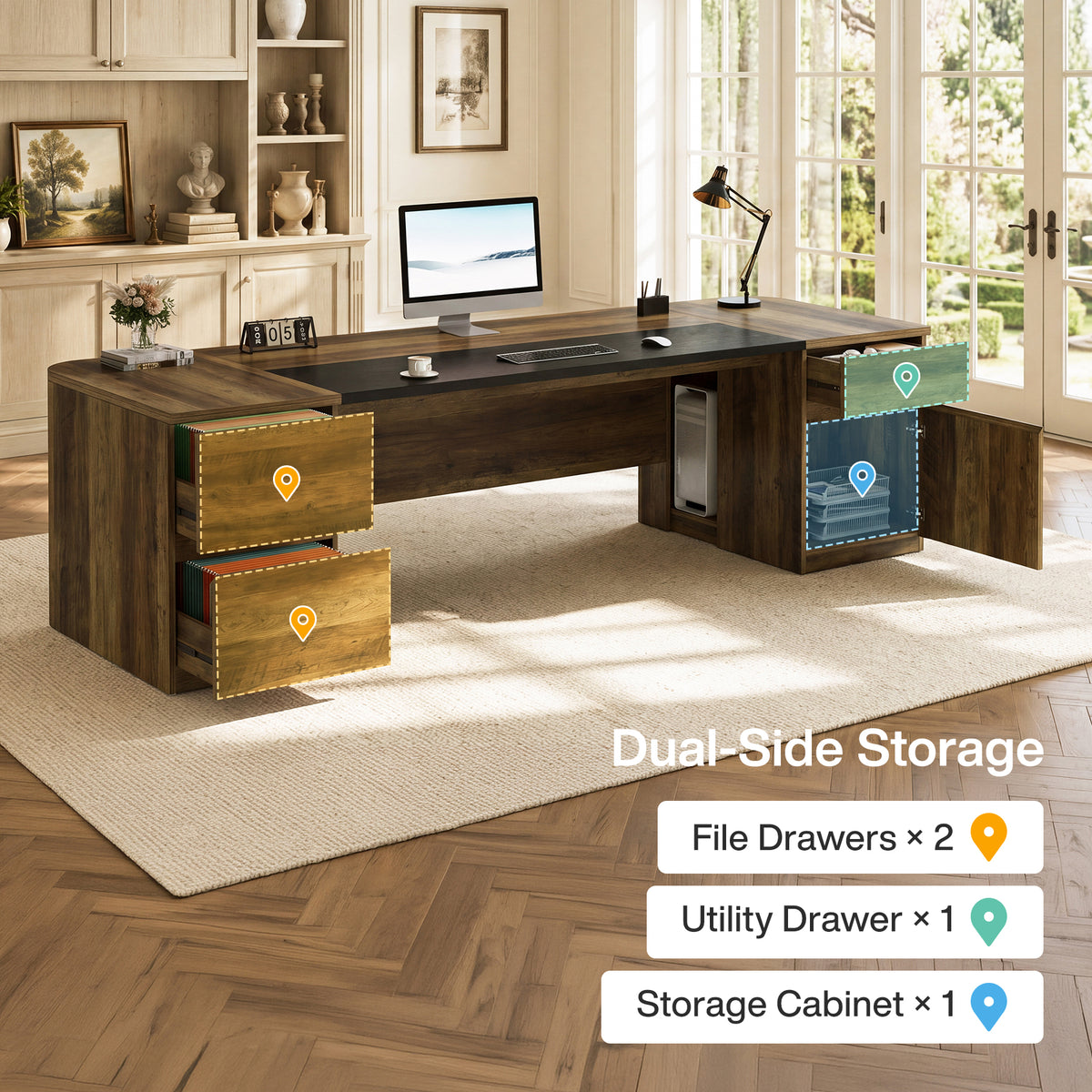 102" Executive Desk, Extra-Long Office Computer Desk with Drawers & Storage Cabinets