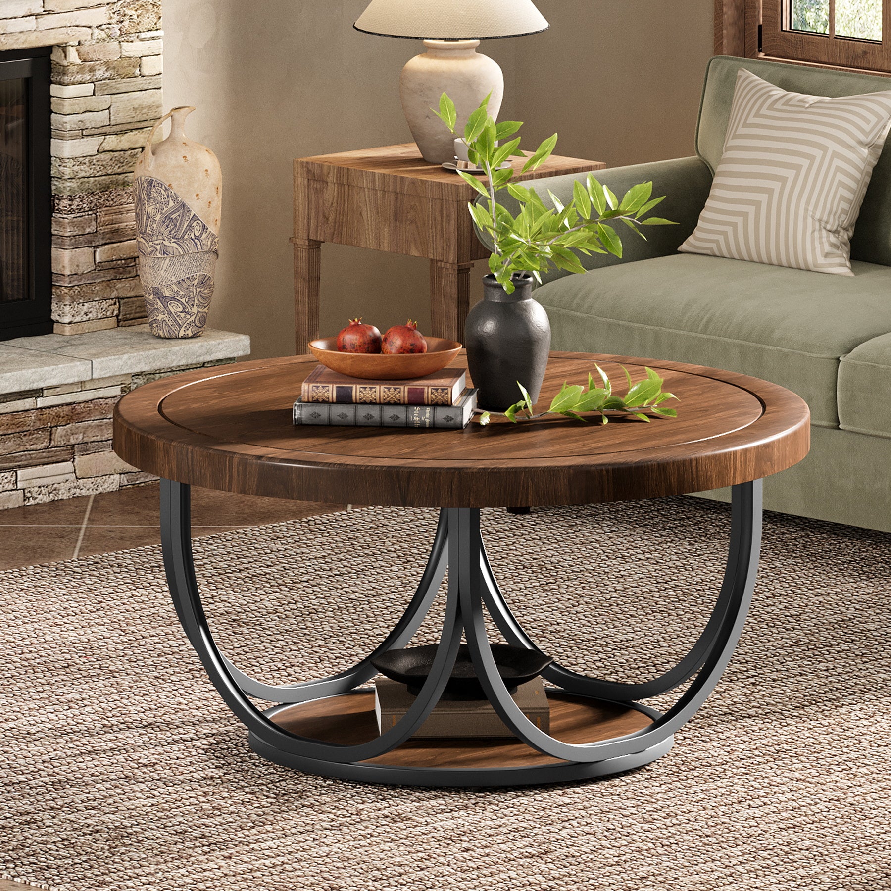 Round Coffee Table, 35.4" Circle Accent Cocktail Table with Storage Shelf