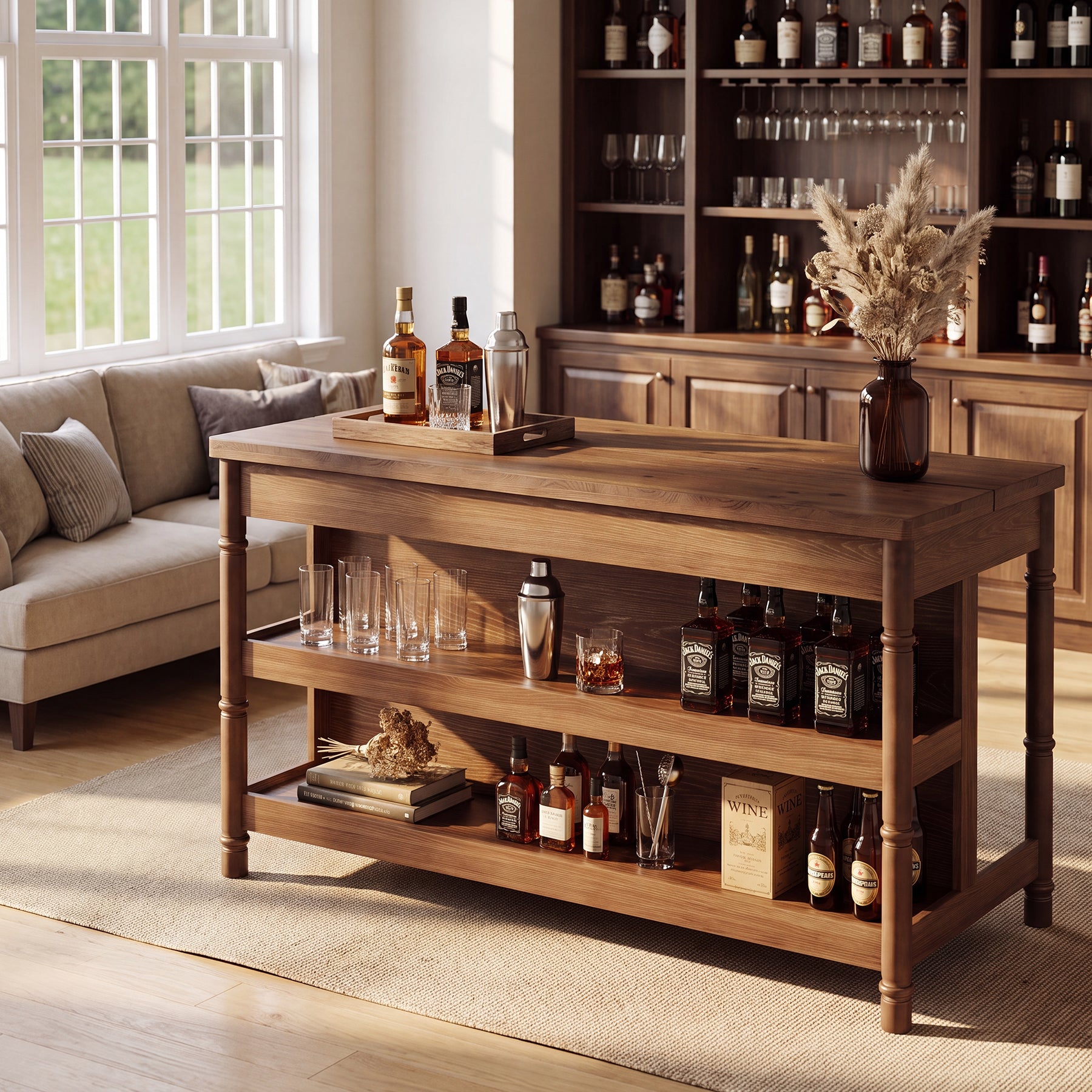 63" Counter Height Bar Table with Storage, Solid Wood Farmhouse Kitchen Bar Table, 3-Tier Shelves