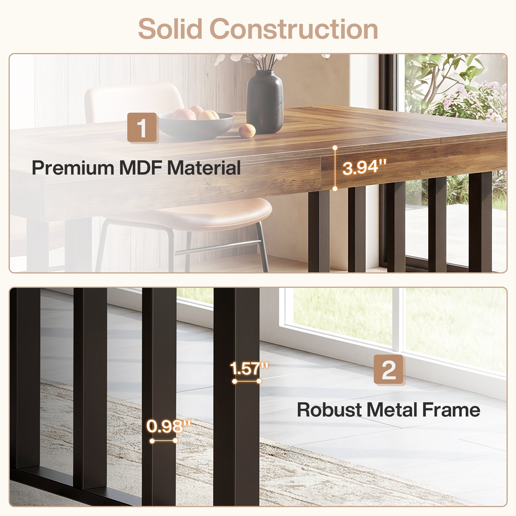 55.12" Dining Table for 4-6 People, Rectangle Kitchen Table with Metal Frame