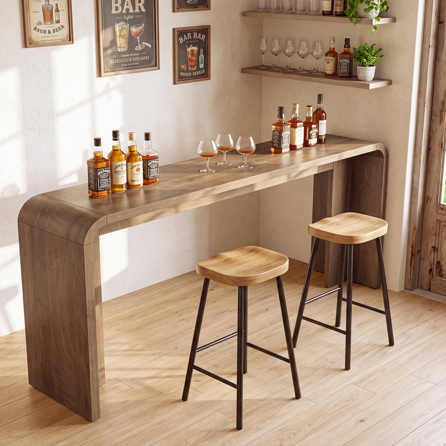 70.9" Long Bar Table, Narrow Counter Height Pub Table with Curved U-Shaped Base