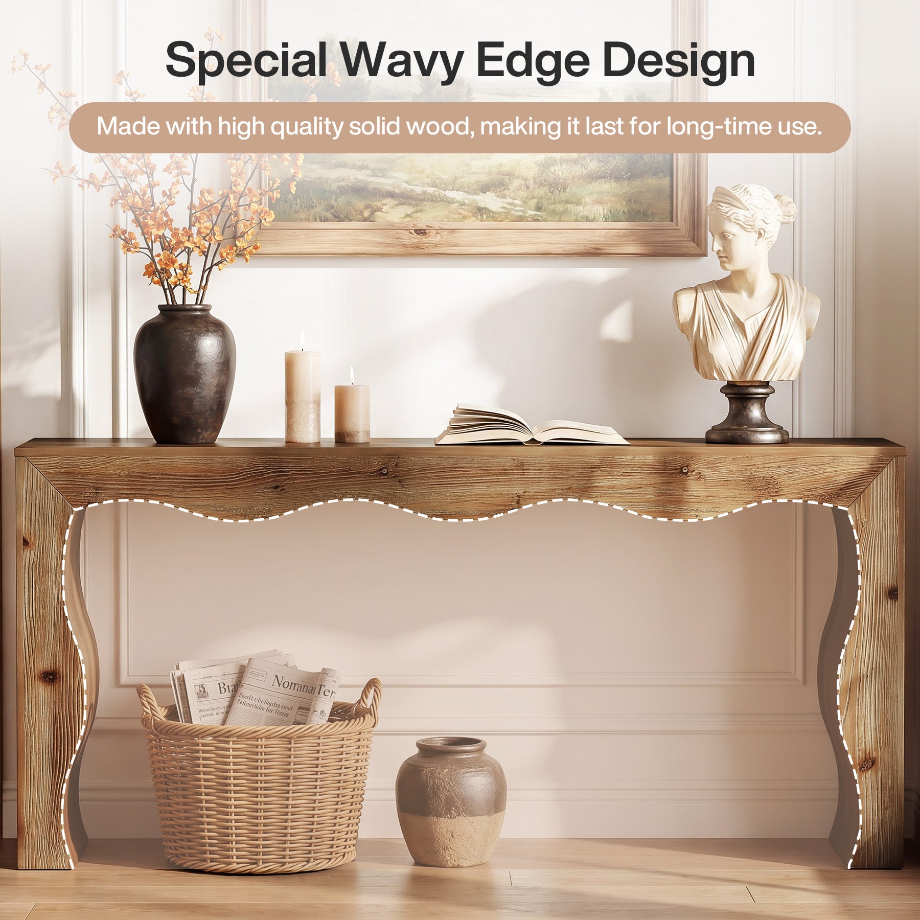 63" Solid Wood Console Table, Farmhouse Entryway Sofa Table with Wavy Edge