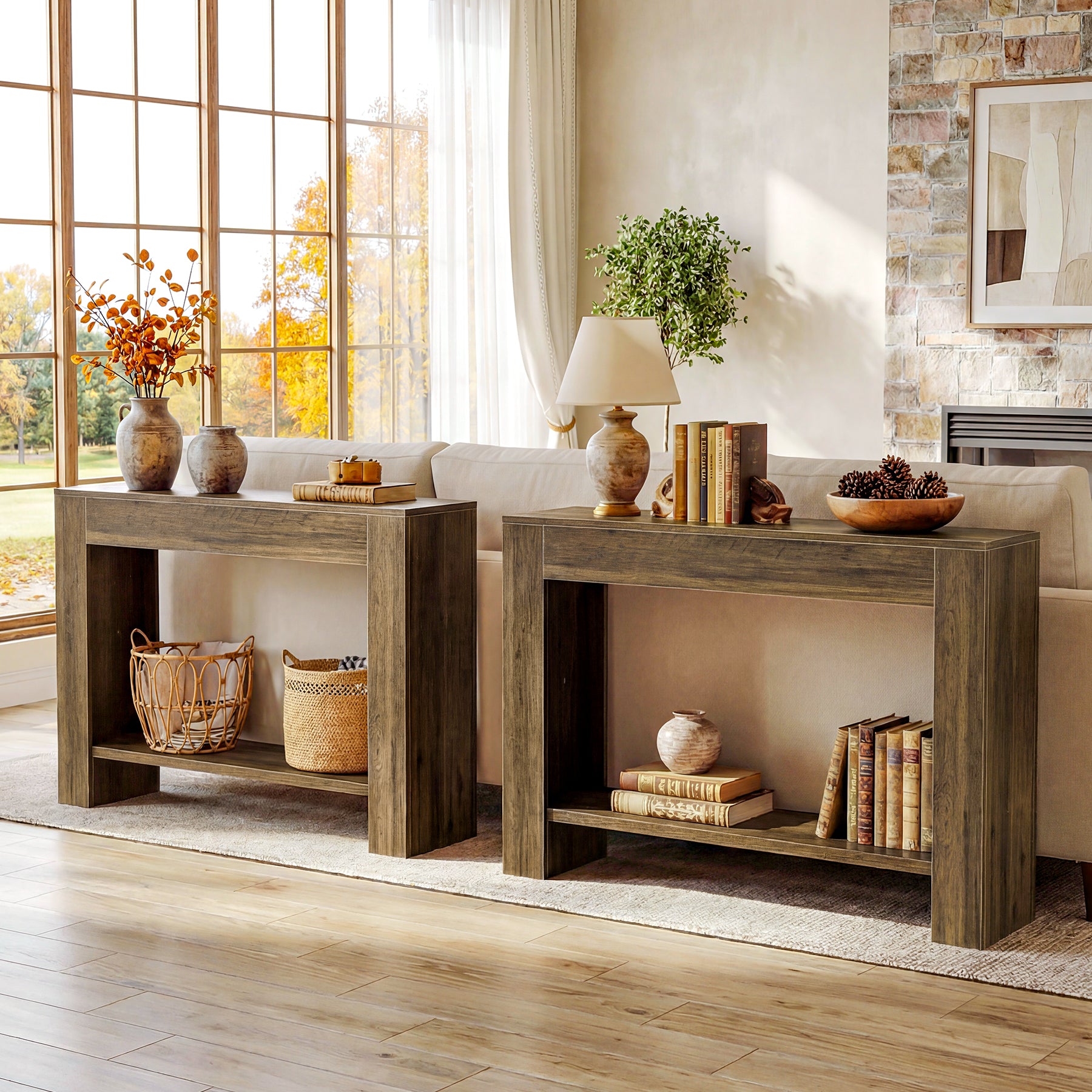 41.3” Farmhouse Console Table with 2-Tier Shelf, Narrow Entryway Sofa Table with Storage