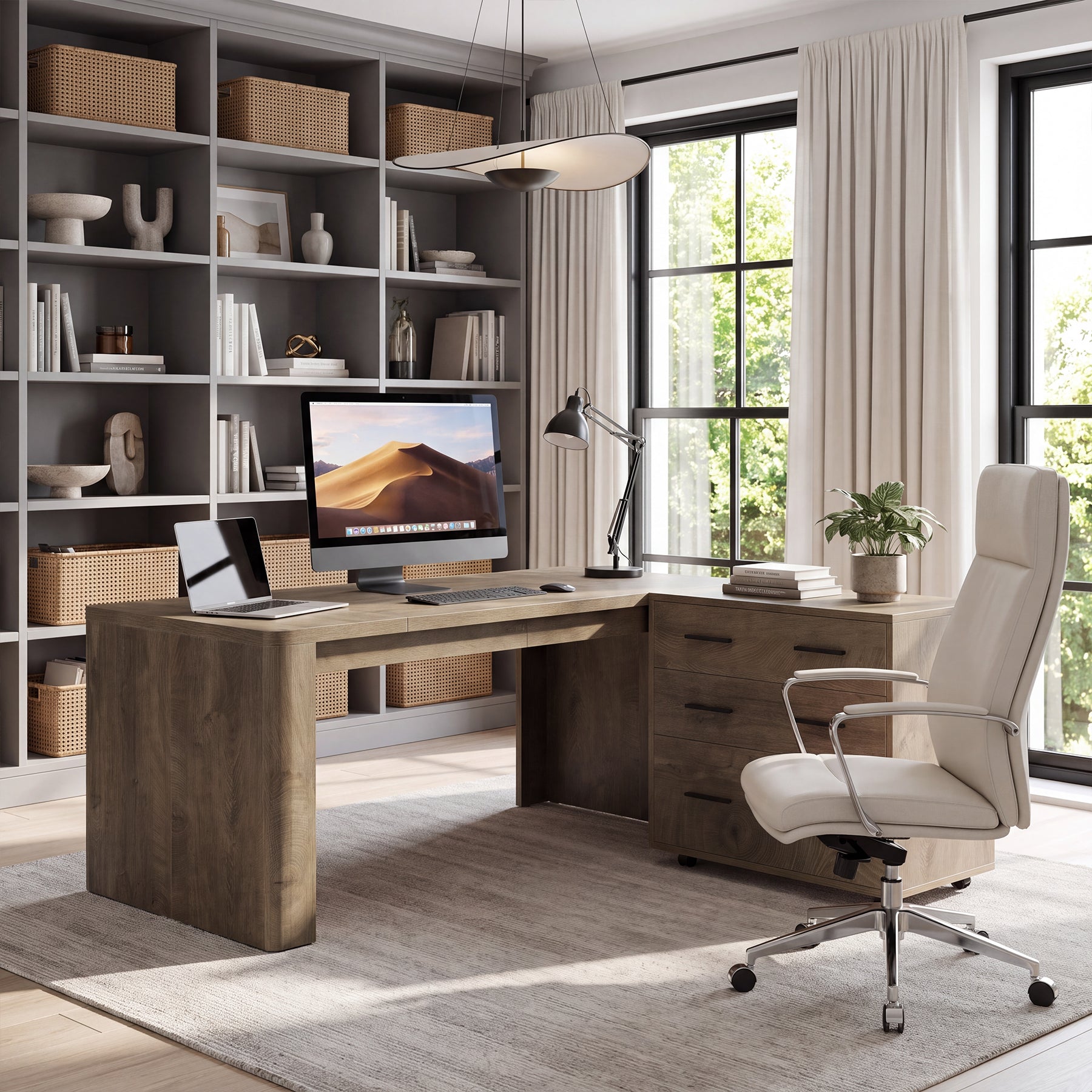 63" L-Shaped Executive Desk, Large Computer Desk with Mobile File Cabinet for Home Office
