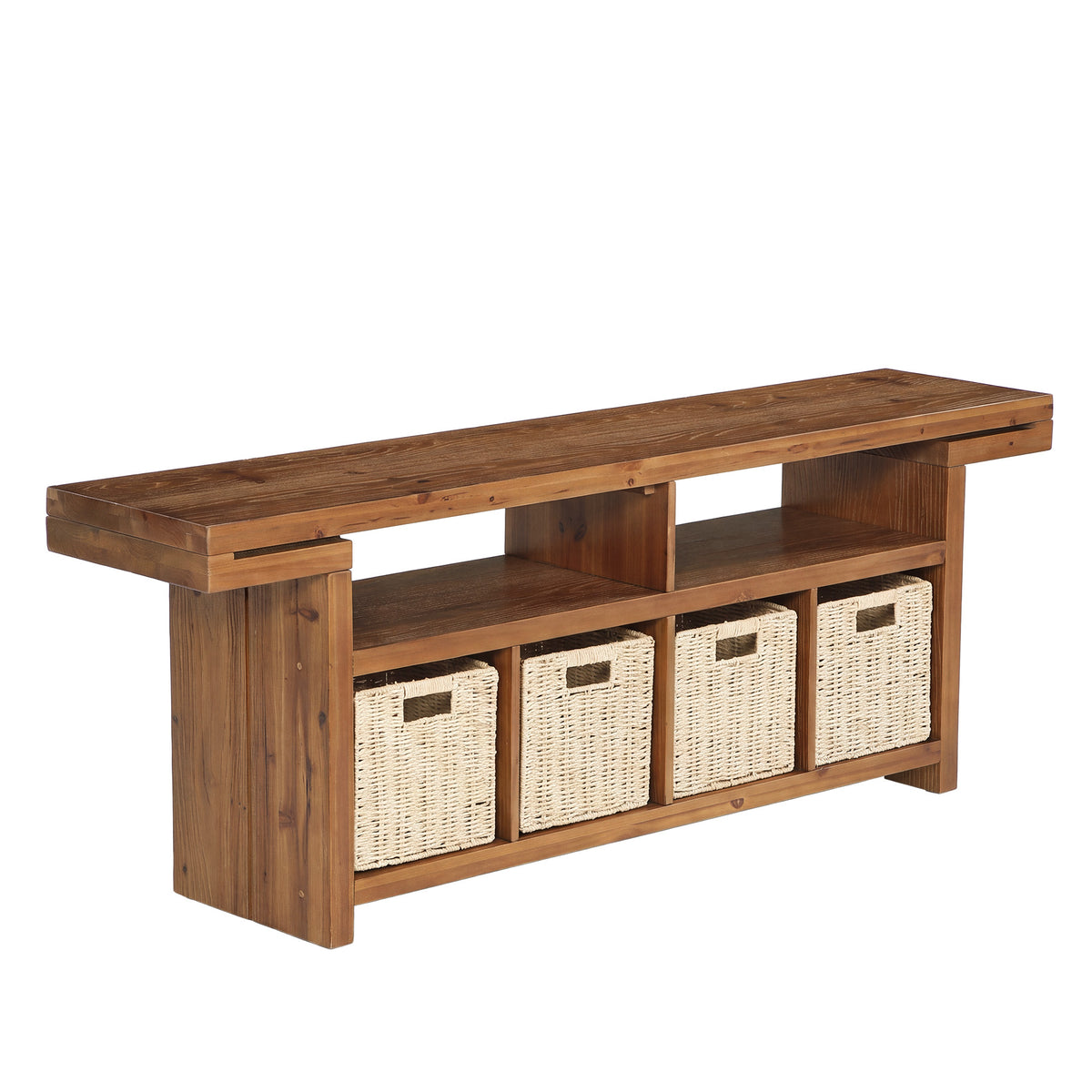 63" Farmhouse Solid Wood TV Stand with 4 Baskets & 2 Open Shelves