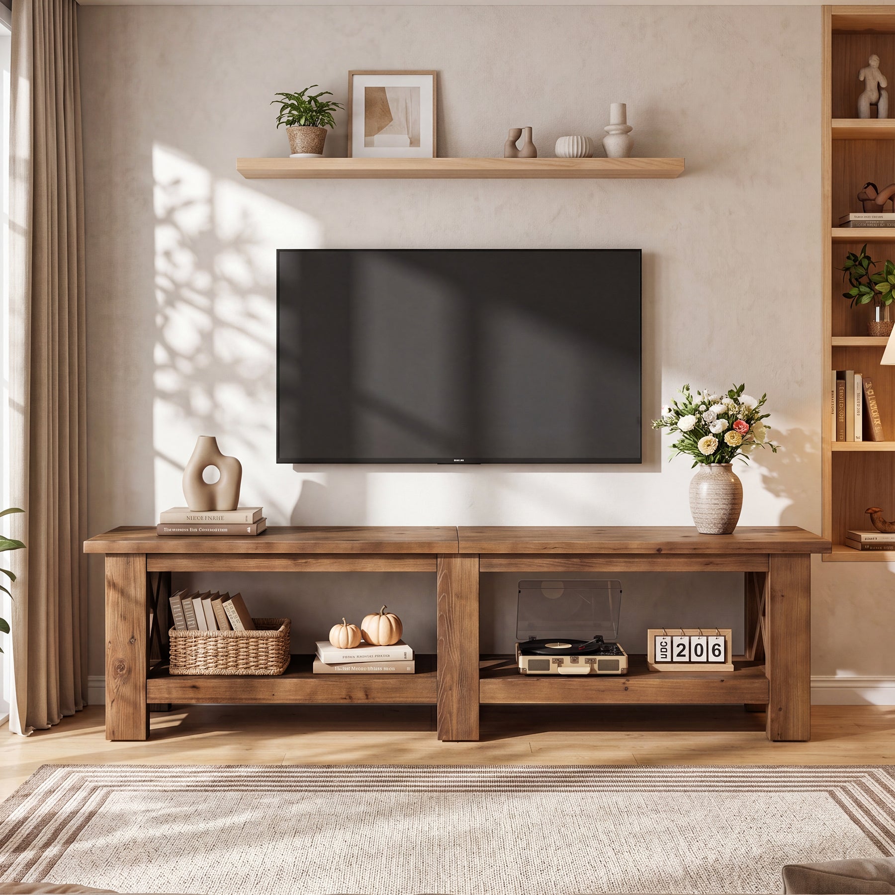 70.87" Solid Wood TV Stand for TVs up to 80", Farmhouse Entertainment Center with Storage Shelves