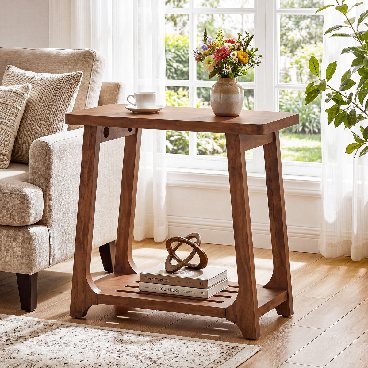 Narrow Solid Pine Wood Side Table, 2-Tier Rectangular End Table with Storage