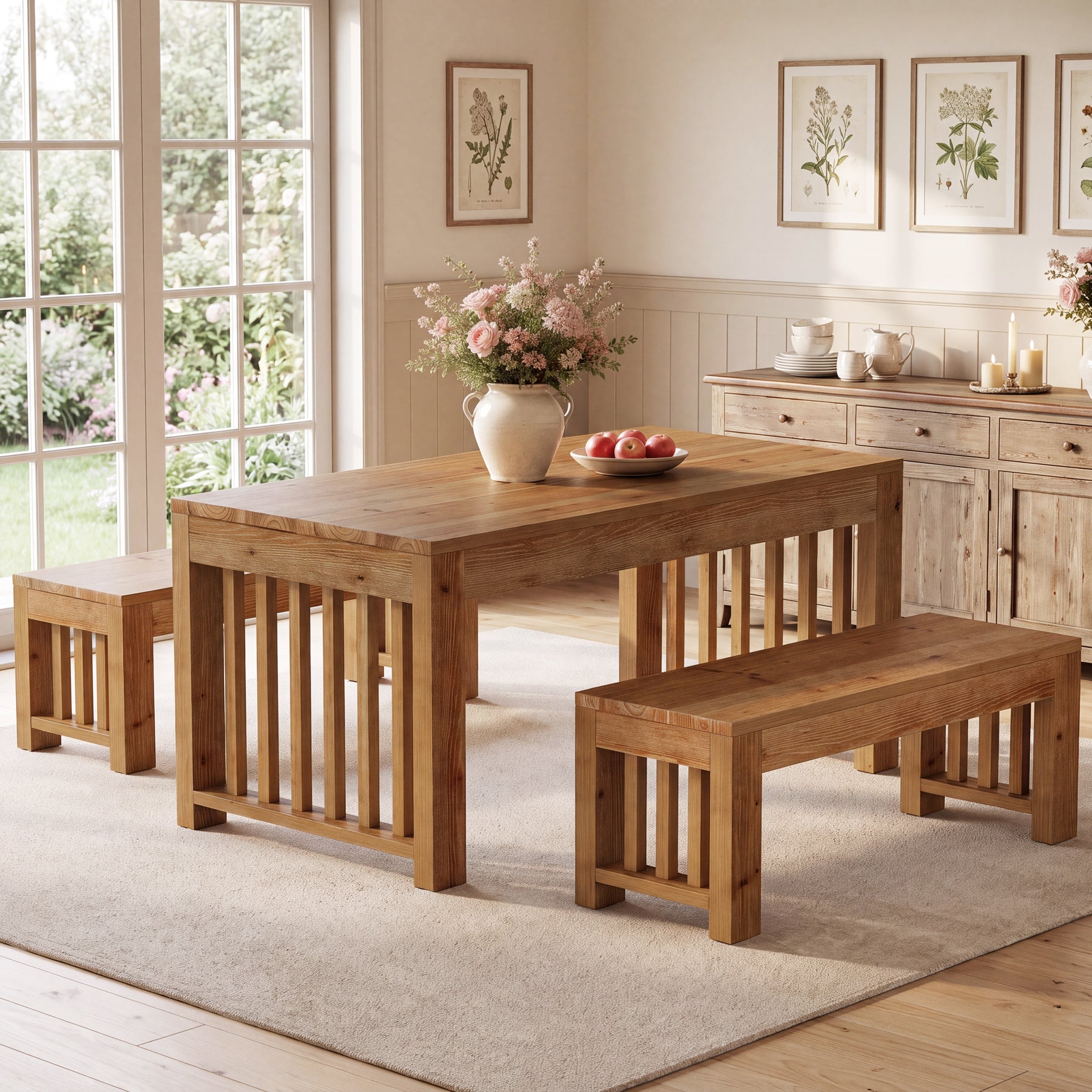 55" Rectangular Dining Table Set, Solid Wood Kitchen Table and Bench for 4 People