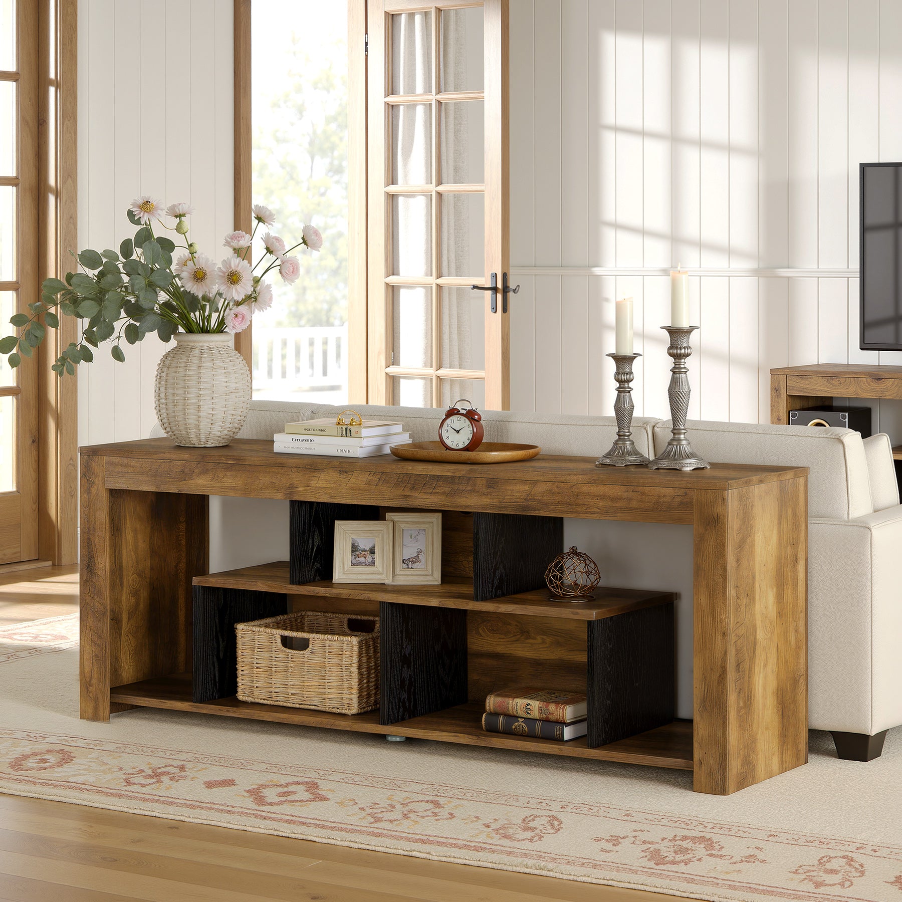 63-Inch Low Sofa Console Table with Storage Shelves, Rustic 3-Tier Entryway Table for Living Room