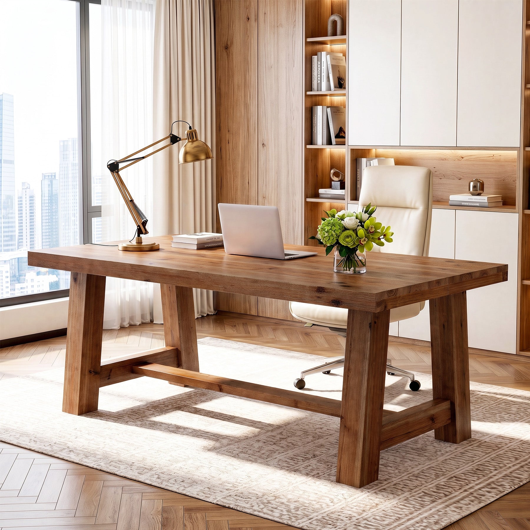 63" Farmhouse Computer Desk, Solid Wood Home Office Desk with Thick Tabletop