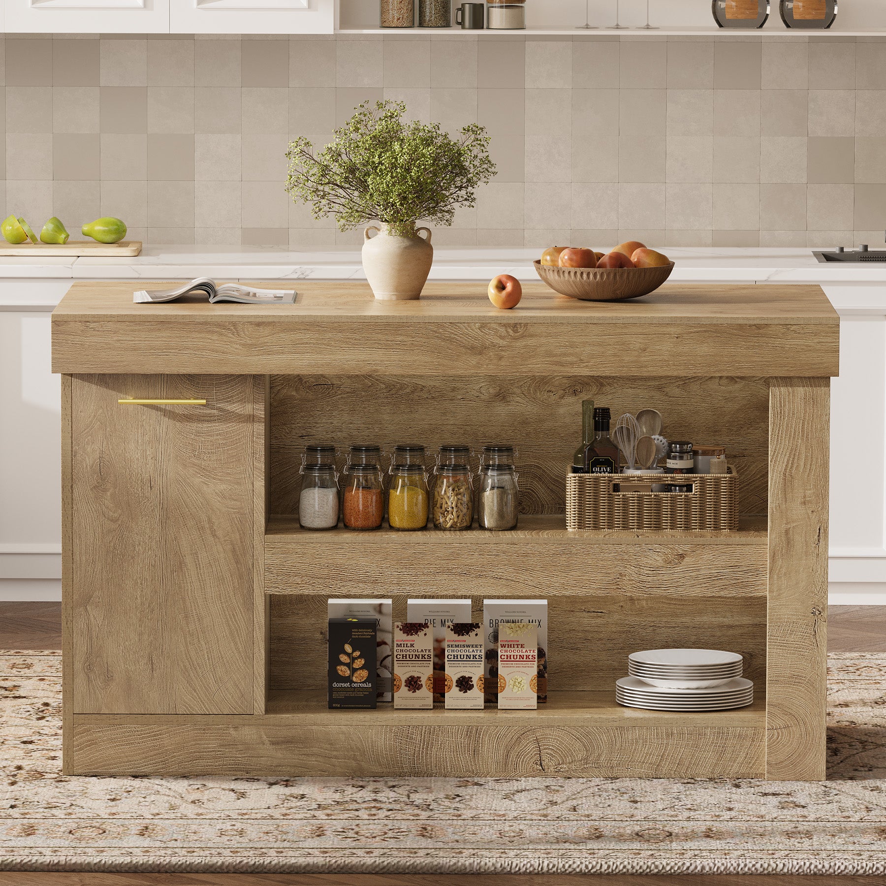 55" Kitchen Island with Trash Storage Cabinet, Farmhouse Island Table with 2-Tier Shelf