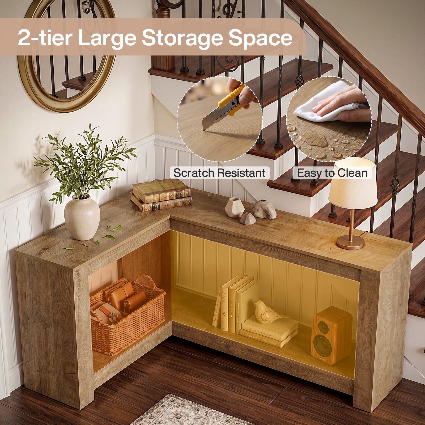 63" L-Shaped Sofa Table for Behind Couch, 2-Tier Storage Shelf for Living Room or Entryway Corner