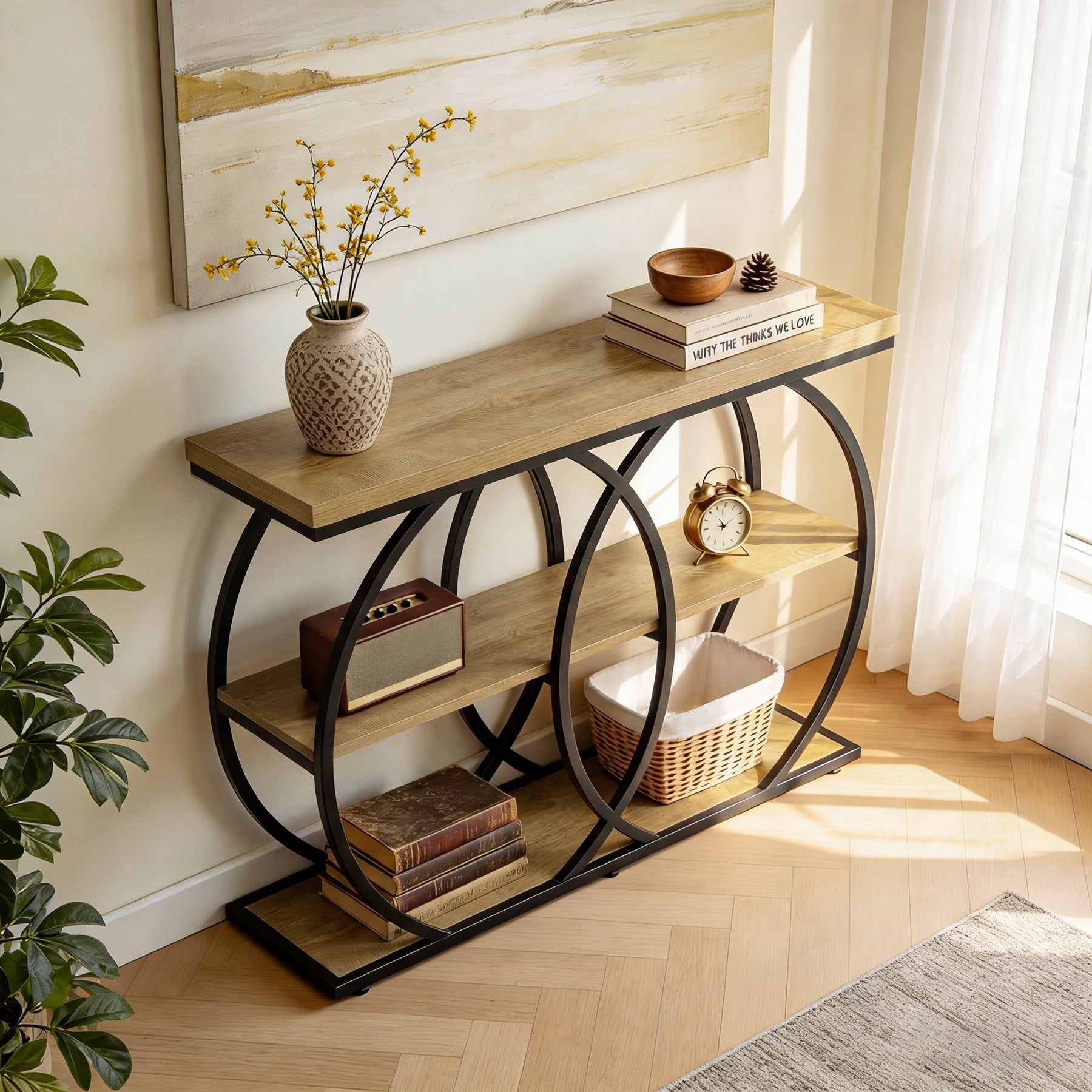 41.3" Industrial Console Table with 3-Tier Shelves, Narrow Entryway Sofa Table with Metal Frame