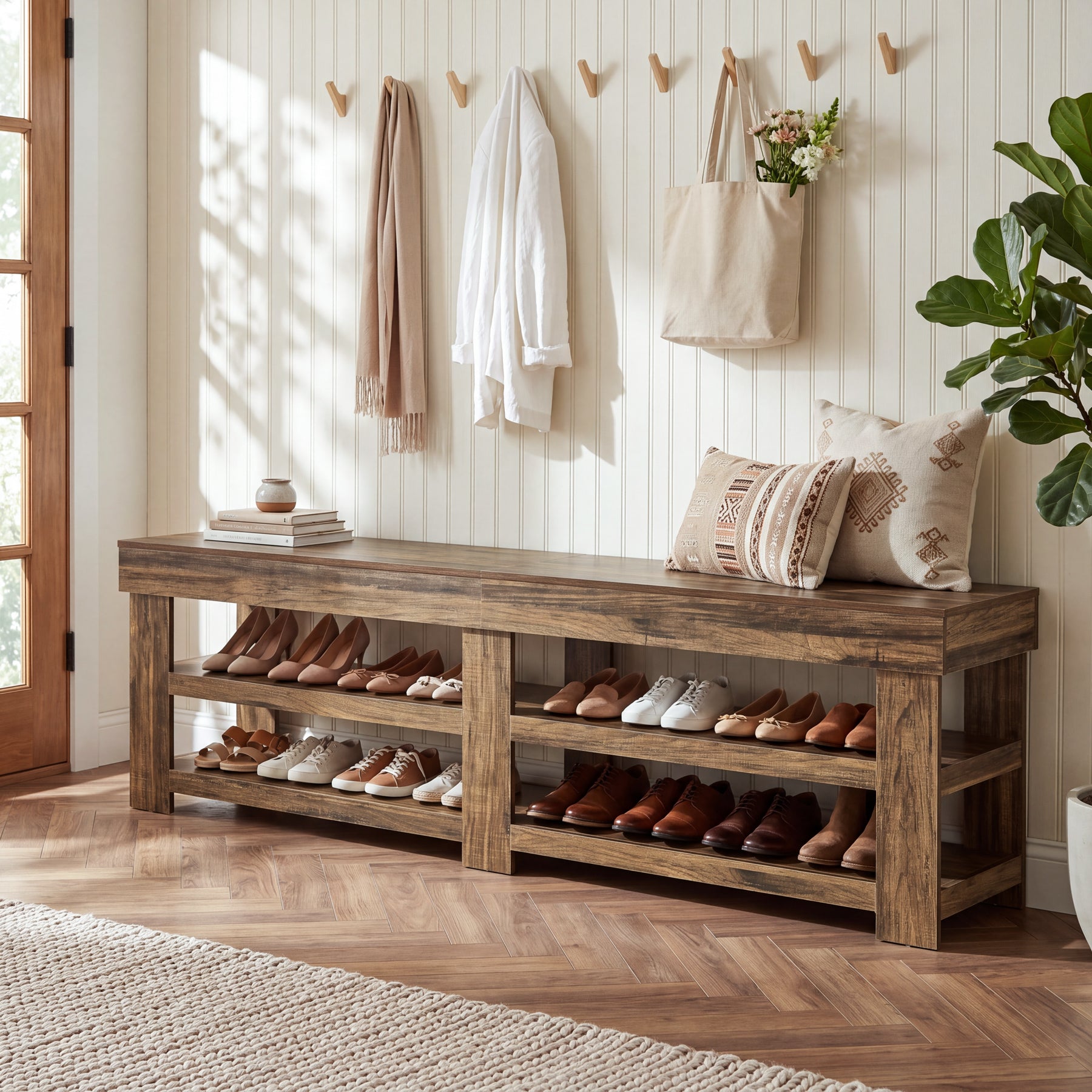 79" Extra Long Entryway Bench with Shoe Storage, Farmhouse Wood Shoe Bench