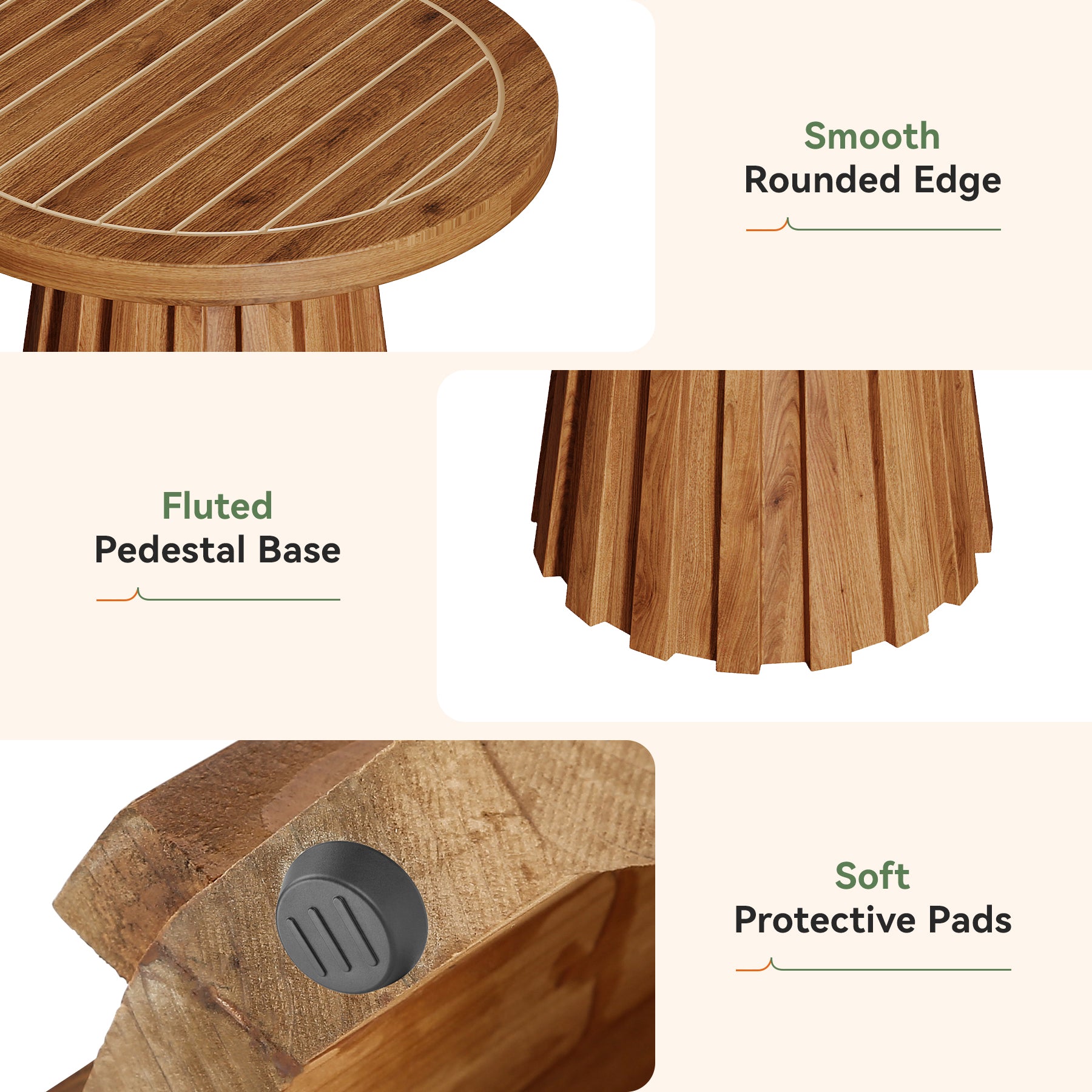 20" Round Side Table, Solid Wood End Table with Fluted Base for Living Room