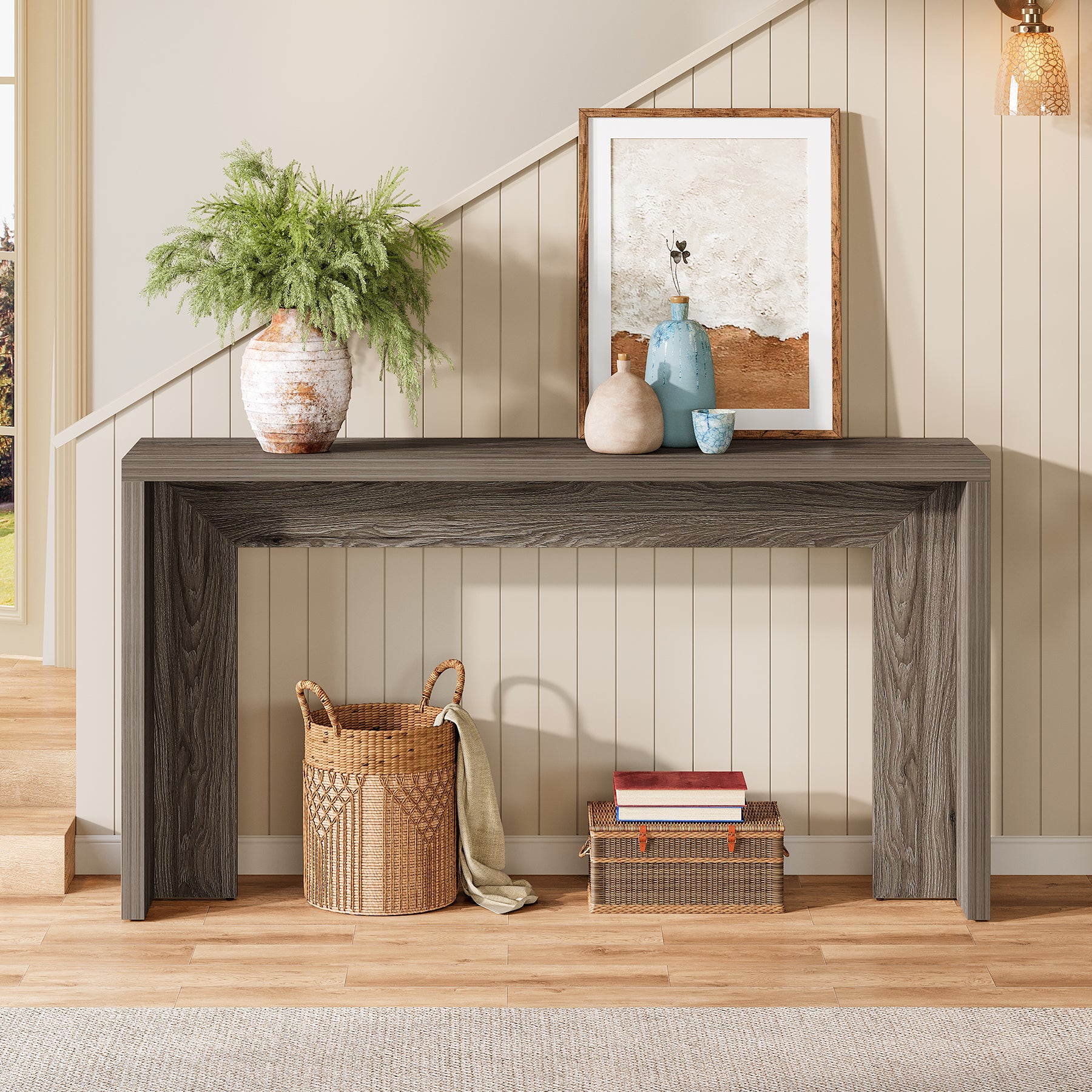 55" Farmhouse Console Table with Storage, Narrow Wooden Entryway Sofa Table for Hallway, Foyer, or Living Room