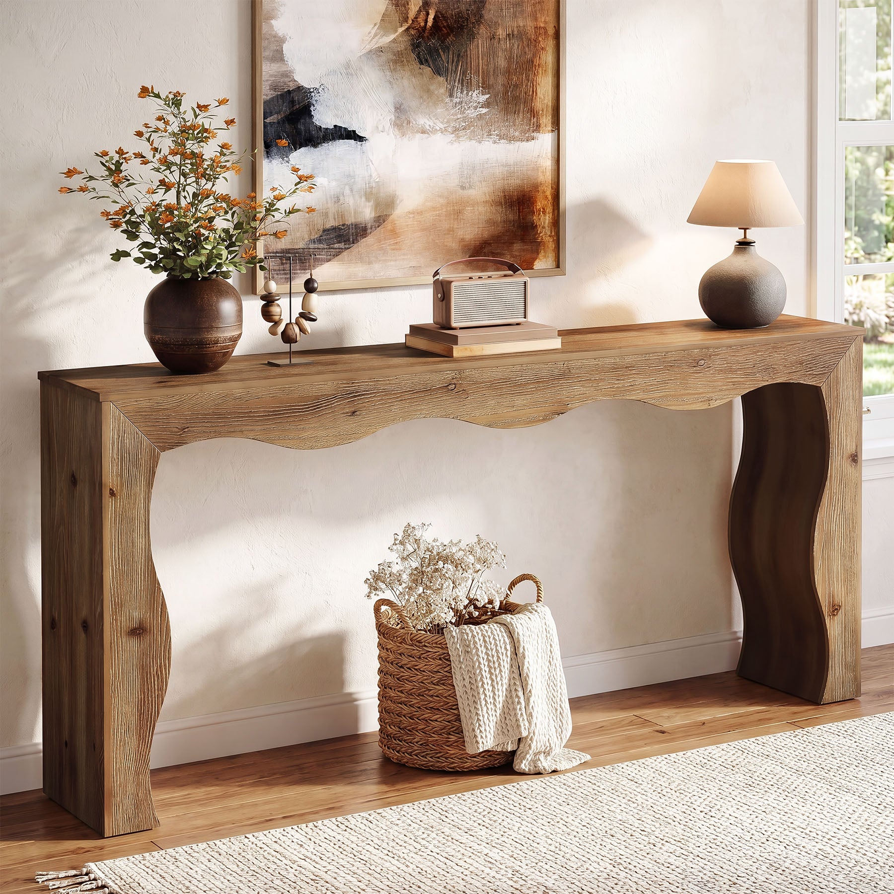 63" Solid Wood Console Table, Farmhouse Entryway Sofa Table with Wavy Edge