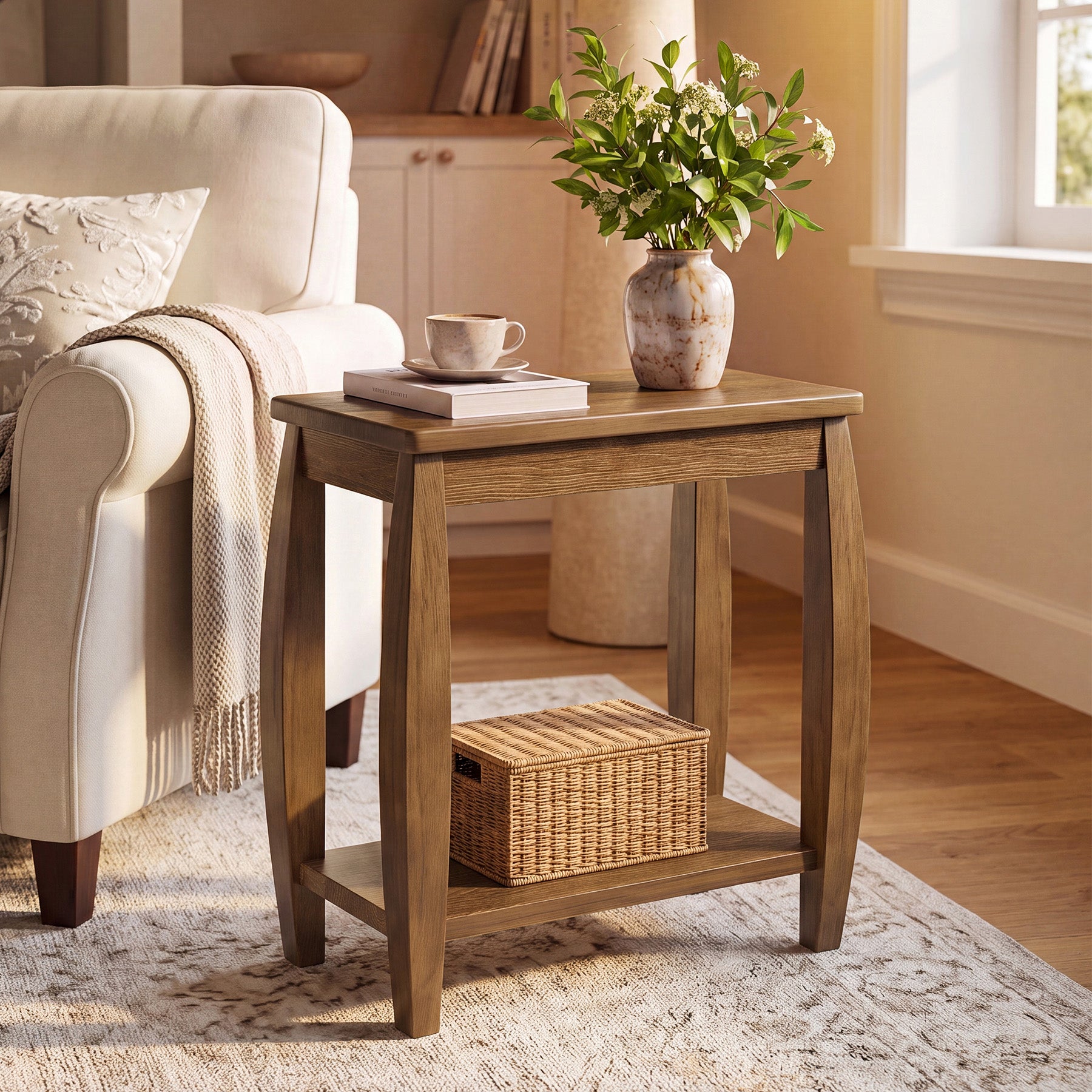 23.62" Solid Wood End Table, 2-Tier Narrow Side Table for Living Room, Small Places