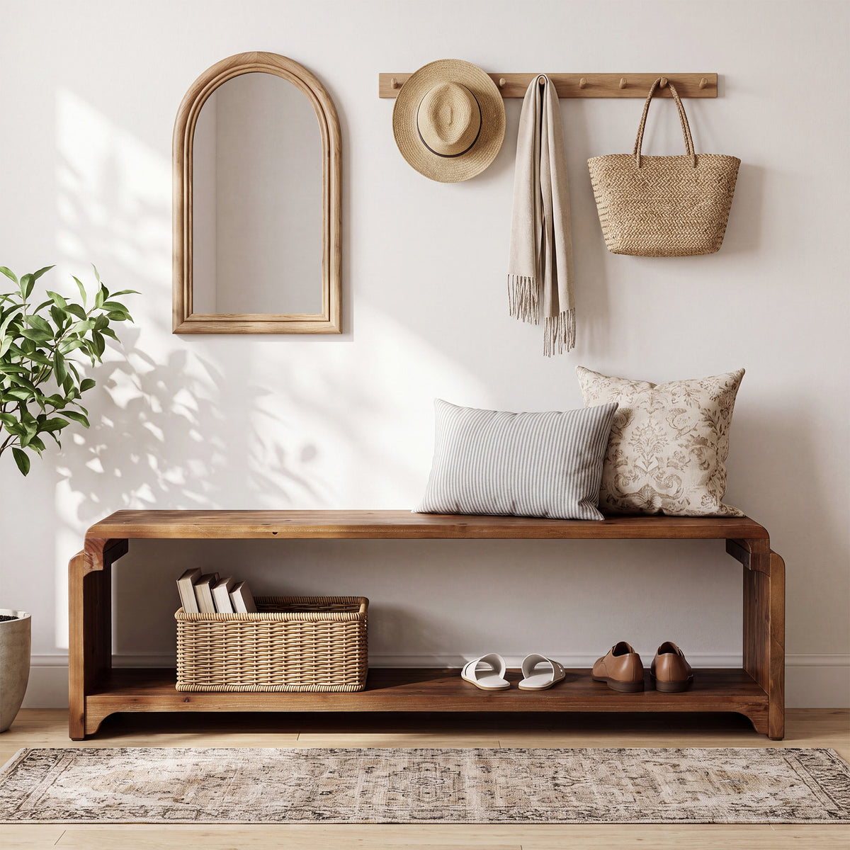 55.12" Solid Wood Entryway Shoe Bench with Storage, Farmhouse Storage Bench for Hallway