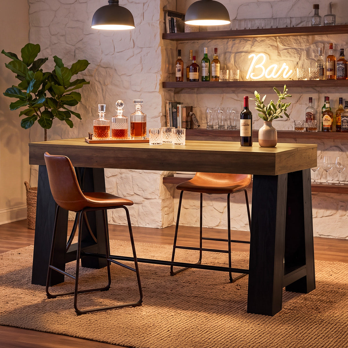 63" Farmhouse Counter Height Table with Footrest, Rectangular High Top Home Bar Kitchen