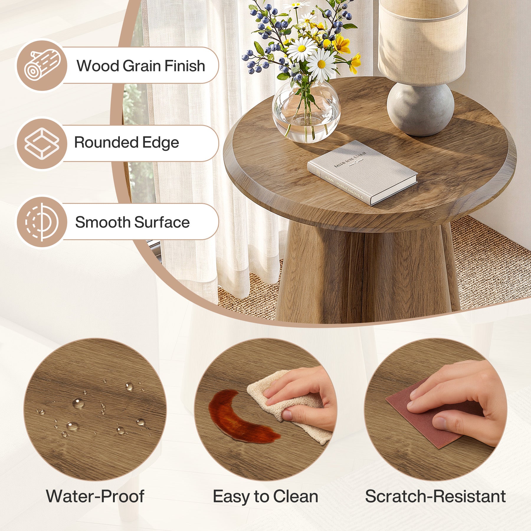 23.6" Round Nightstand, Wooden Bedside Table with Sturdy Support