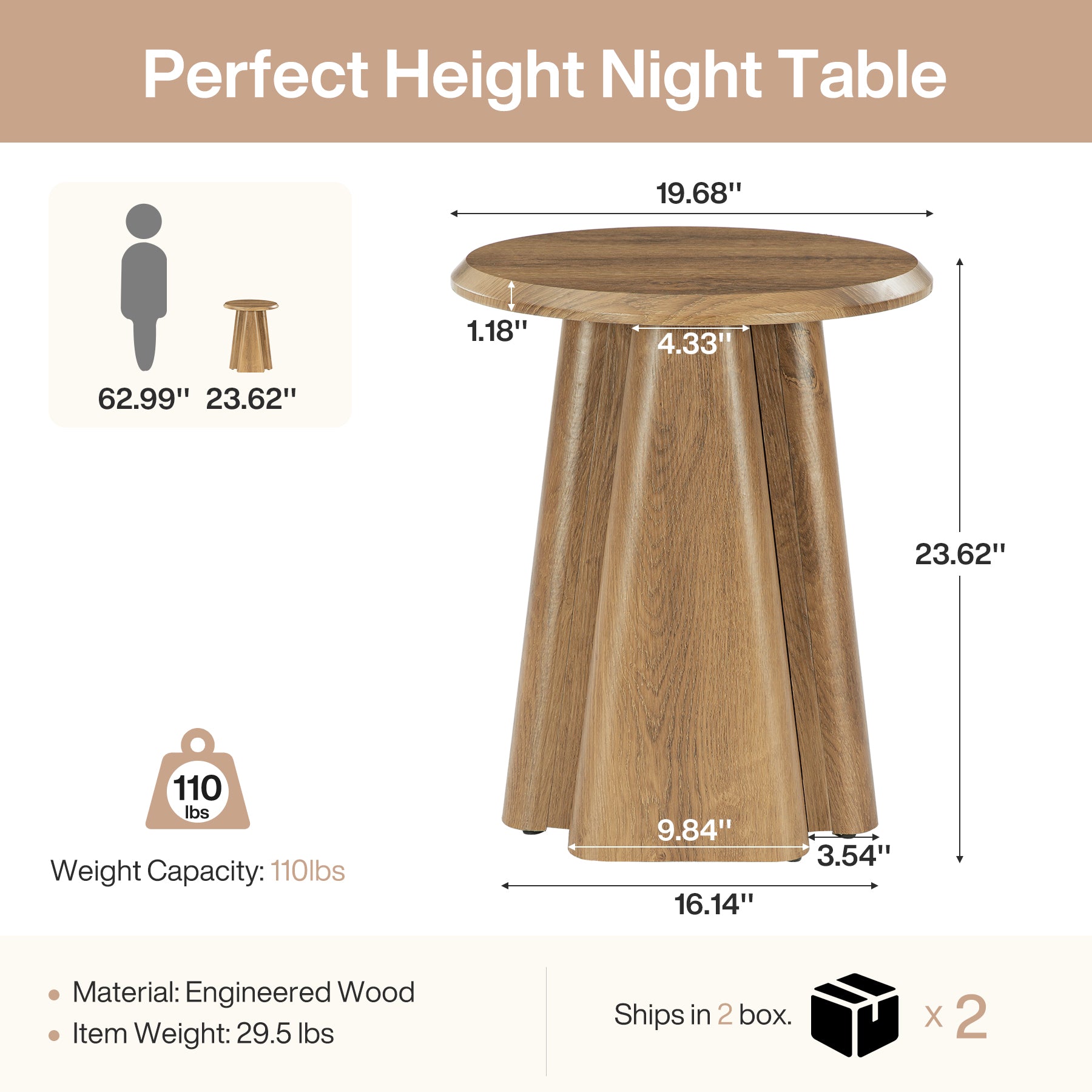 23.6" Round Nightstand, Wooden Bedside Table with Sturdy Support