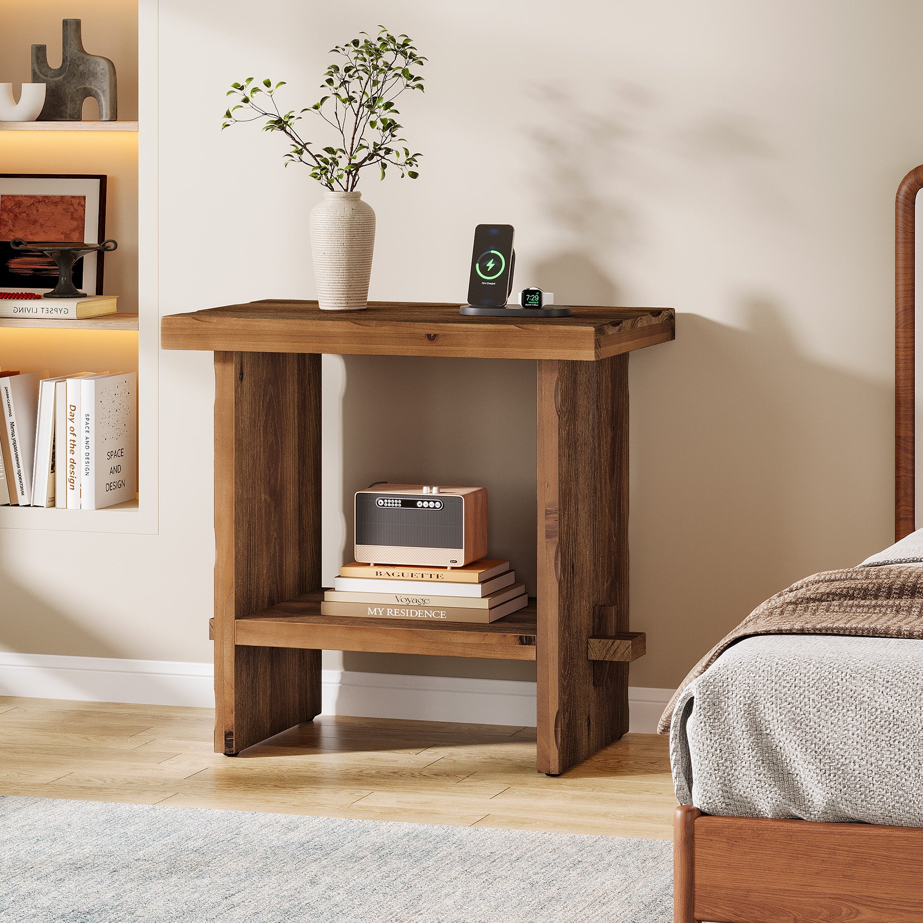 23.62-Inch Solid Wood Nightstand with Storage, Farmhouse Bedside Table with Wooden Base for Bedroom