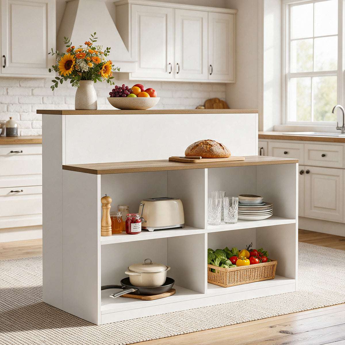 4-Tier Bar Table with Storage, Rectangular Pub Table with 4 Open Cubbies &  2-Tier Worktop