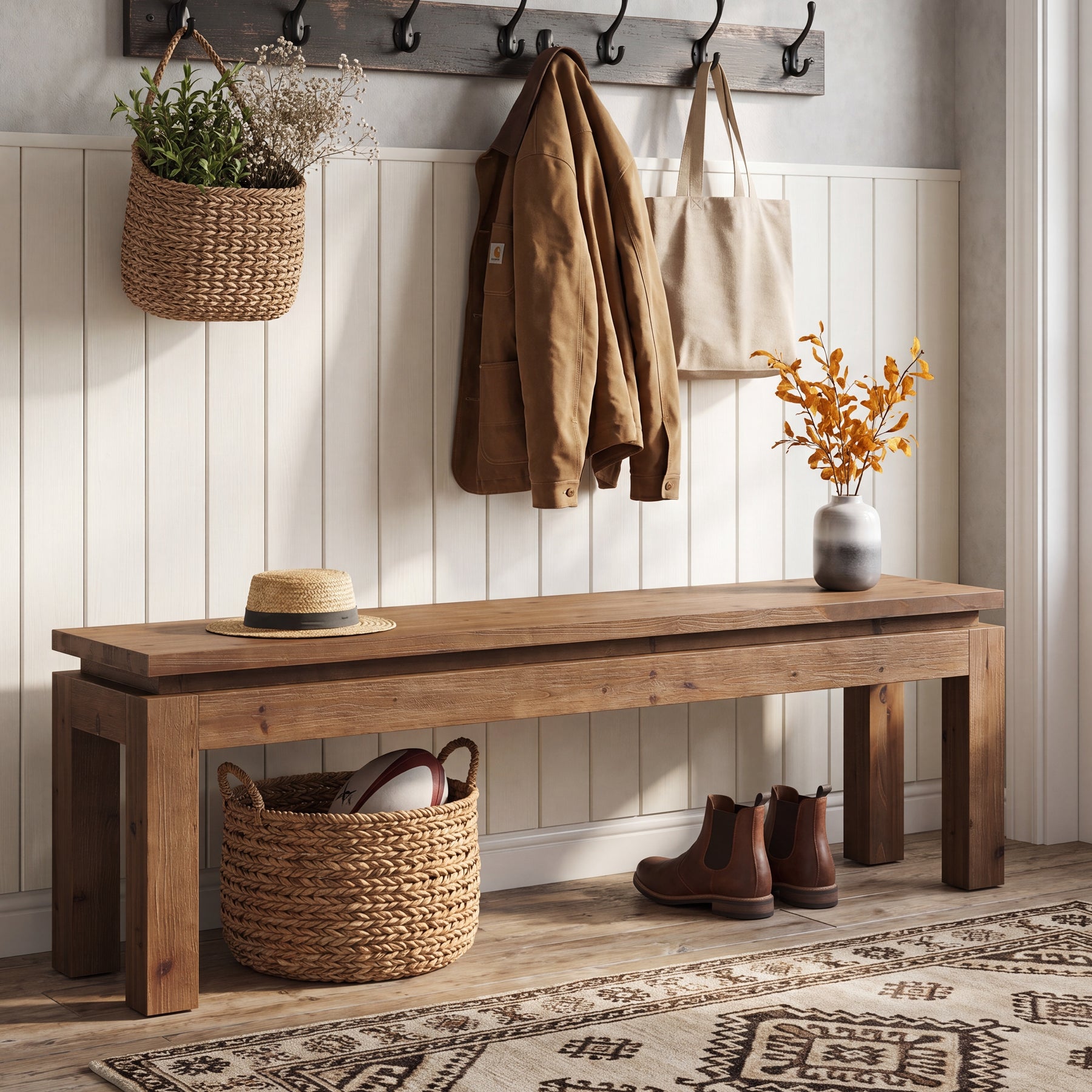 59" Solid Wood Entryway Bench, Farmhouse Shoe Bench Seat for Living Room