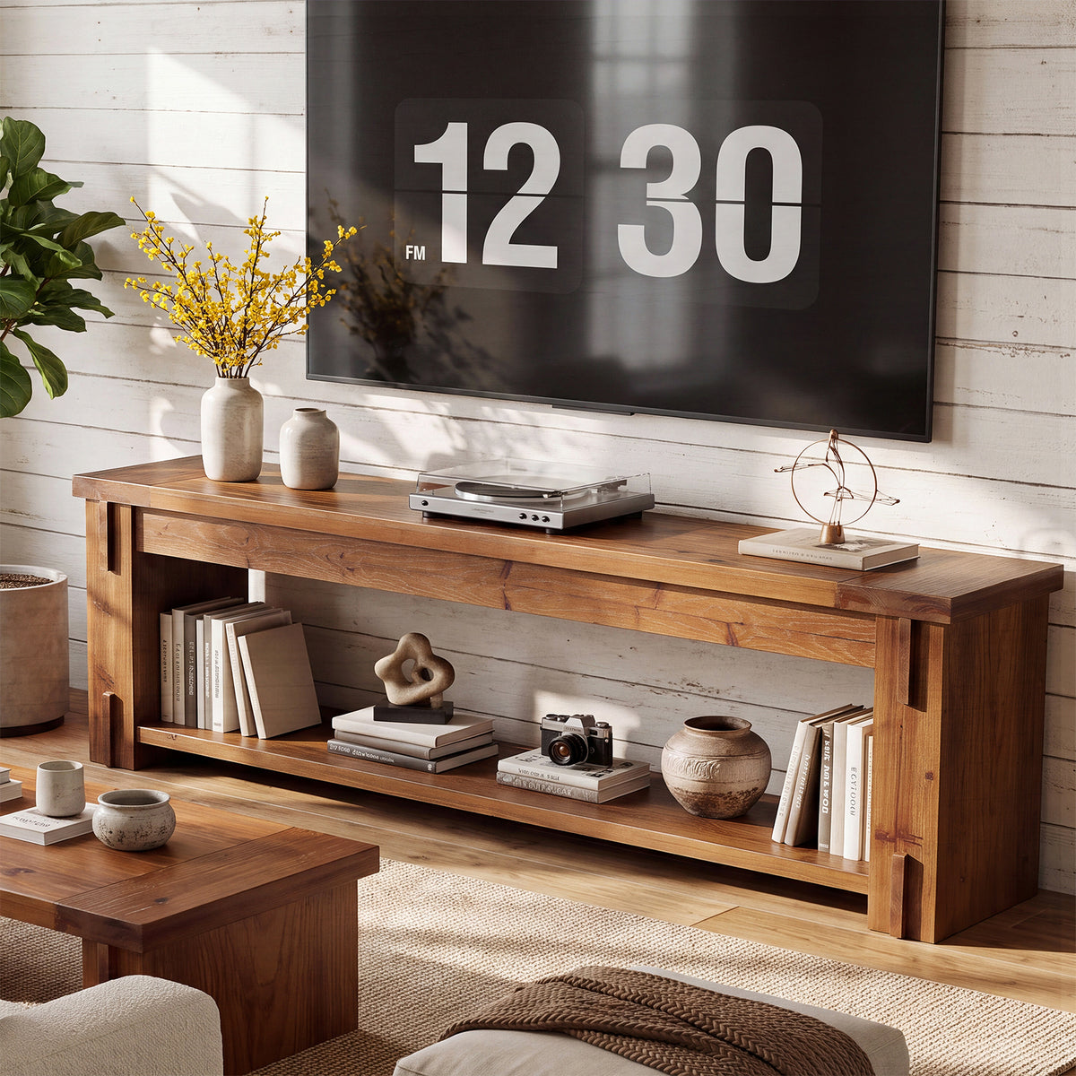 71" Farmhouse Solid Wood TV Stand for TVs Up to 75", 2-Tier Open Storage