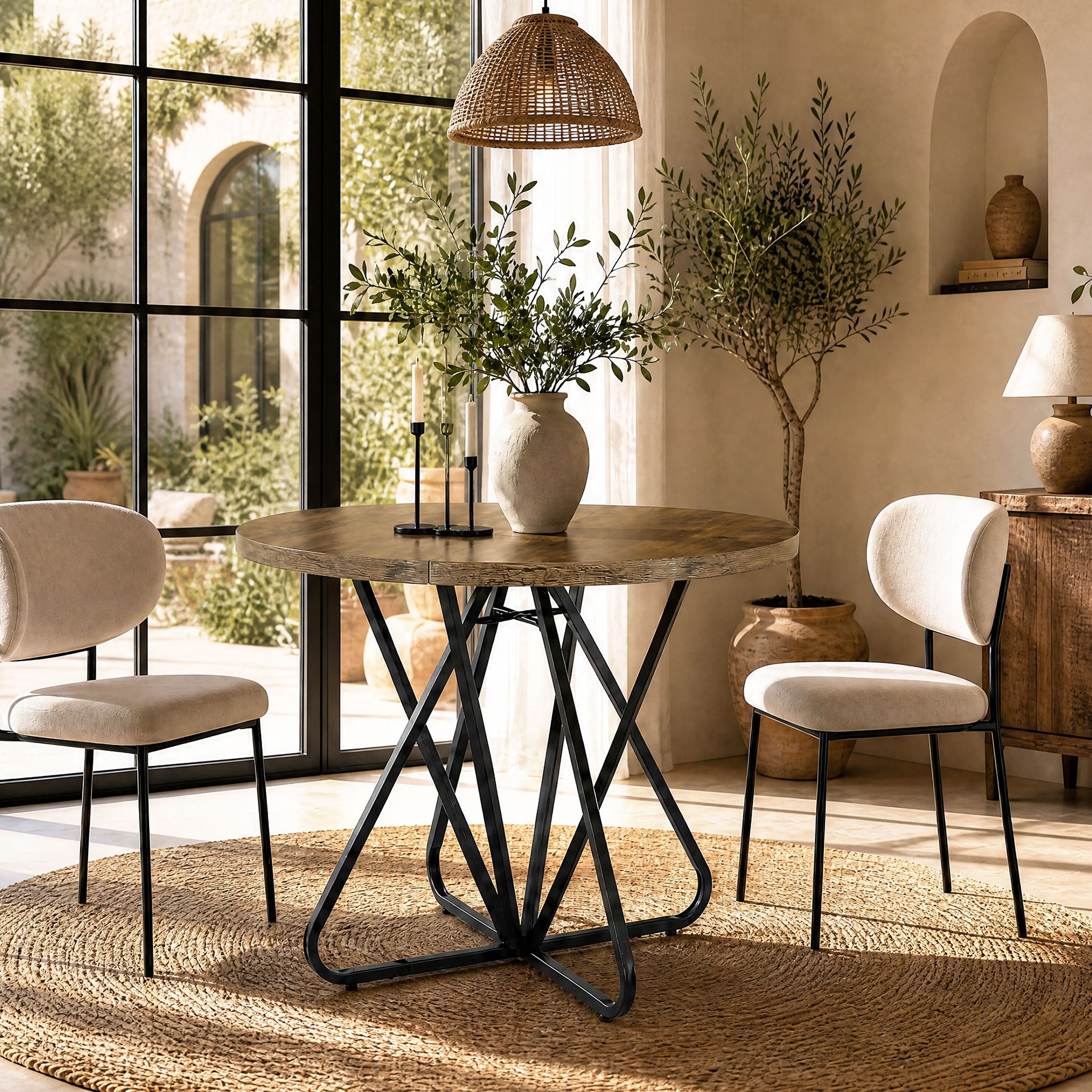 31.5" Round Dining Table, Small Farmhouse Kitchen Table with Geometric Frame for 2-4