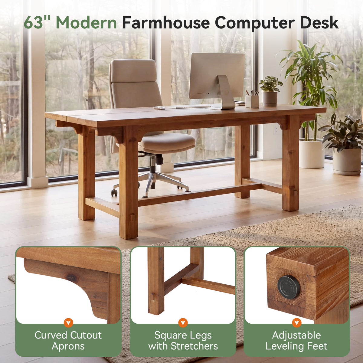 63" Solid Wood Executive Desk, Farmhouse Computer Desk with Thick Trestle Legs for Home Office