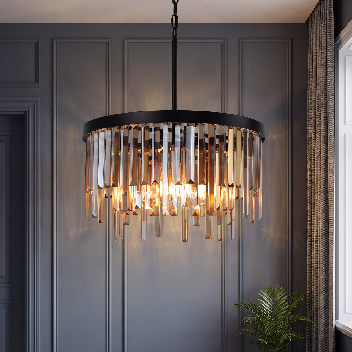 20" Modern Crystal Chandelier, 6-Light Black Pendant Light with Amber Crystal