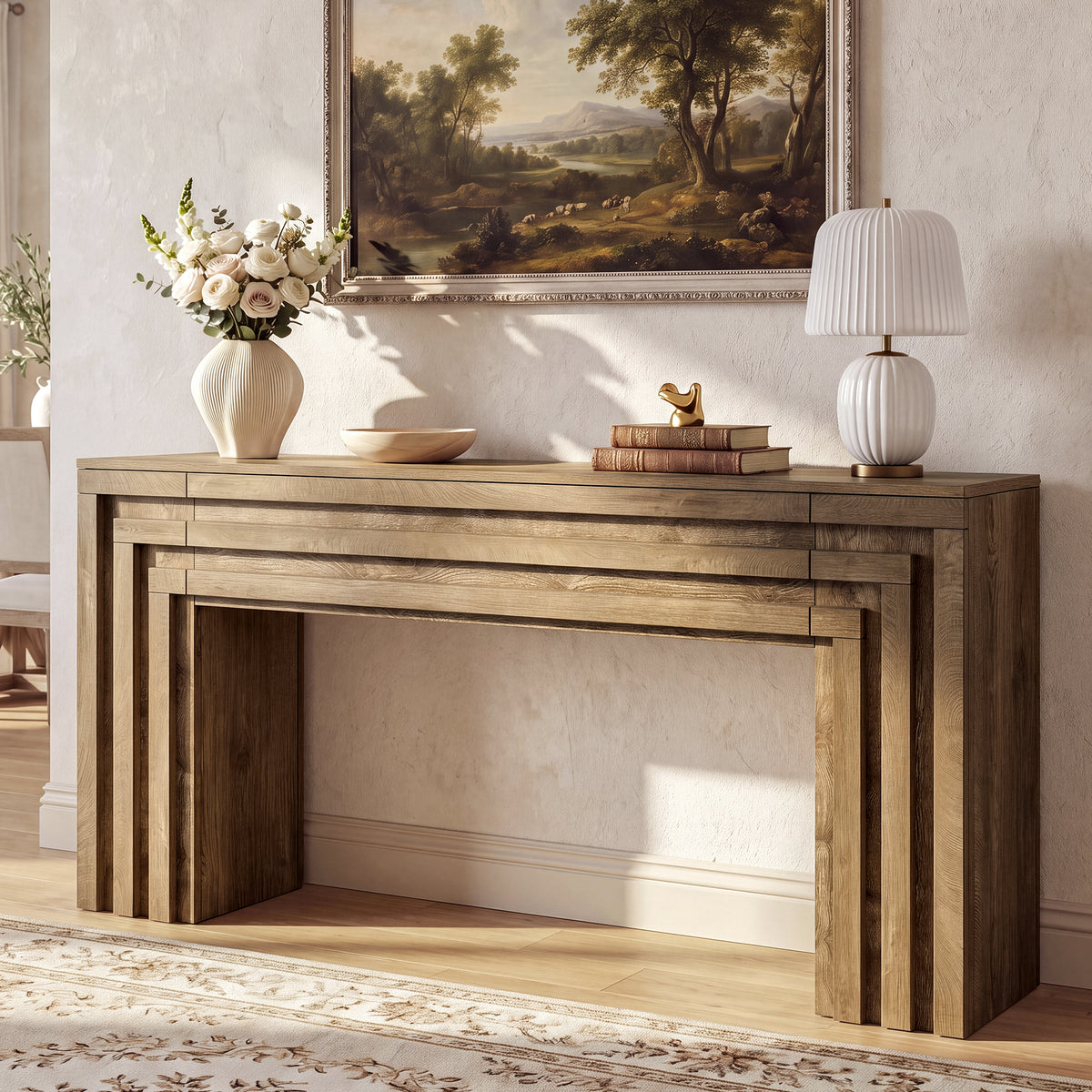 63" Console Table with Storage Cabinet, Entryway Sofa Table with Layered Geometric Frame
