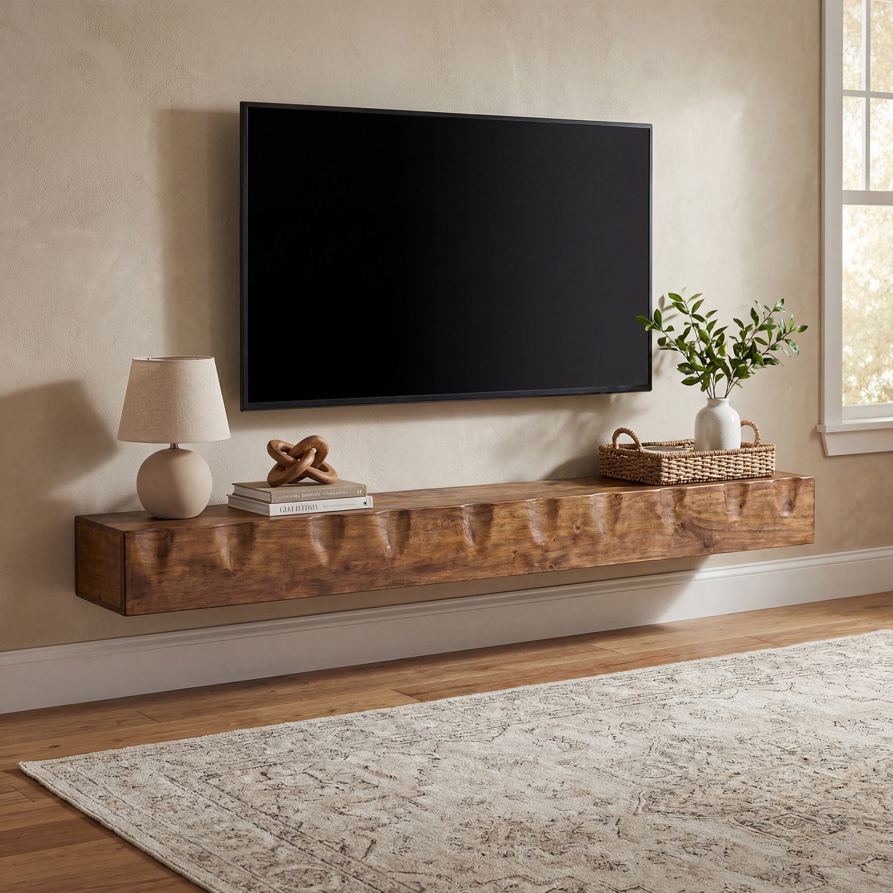 Solid Wood Floating TV Stand, 63" Wall Media Shelf for TVs Up to 75"
