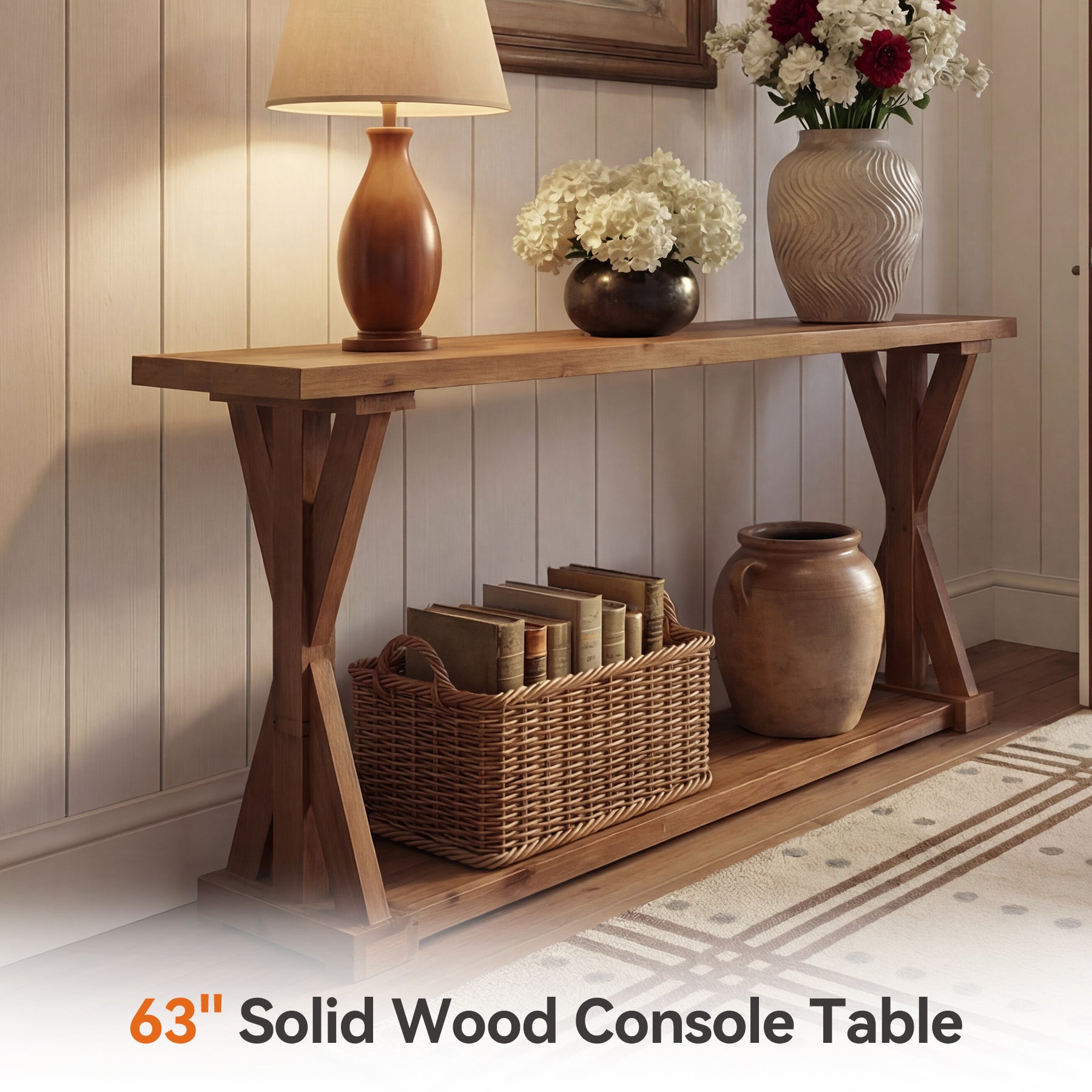 63" Narrow Console Table, Farmhouse Solid Wood Entryway Table with 2-Tier Storage
