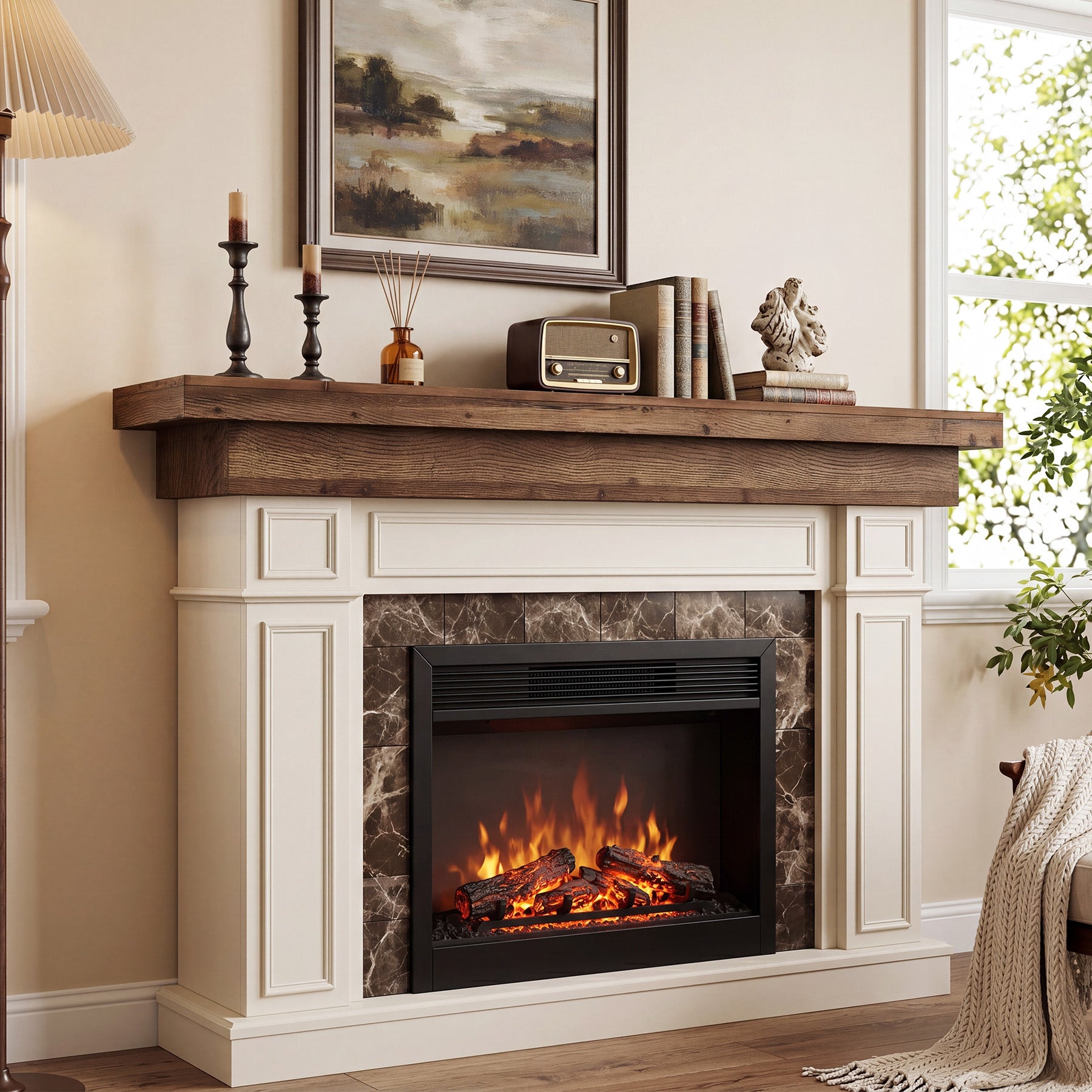 Solid Wood Fireplace Mantel, 70.9" Wall-Mounted Floating Shelves for Living Room