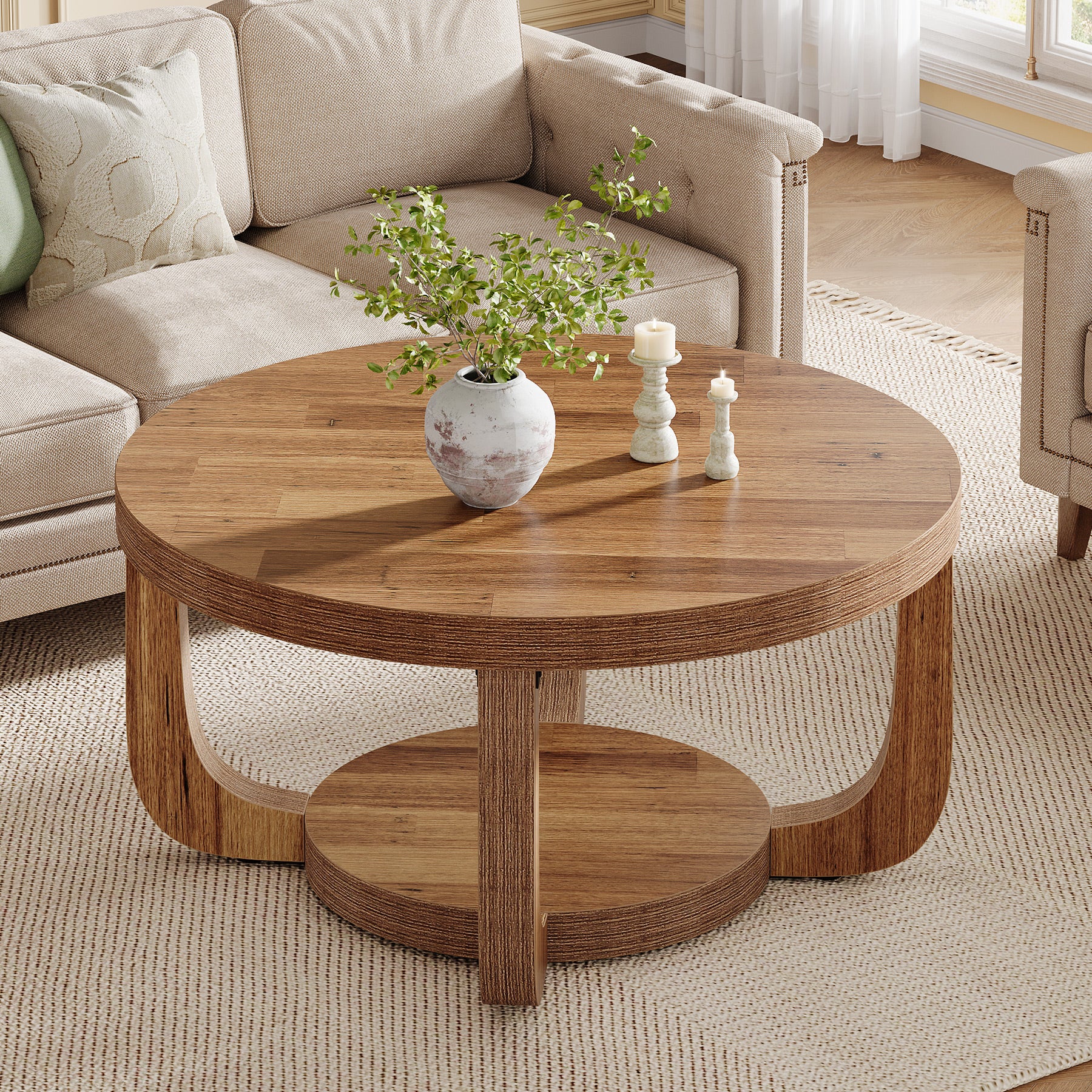 31.5" Coffee Table, Modern 2-Tier Circle Center Table with Storage