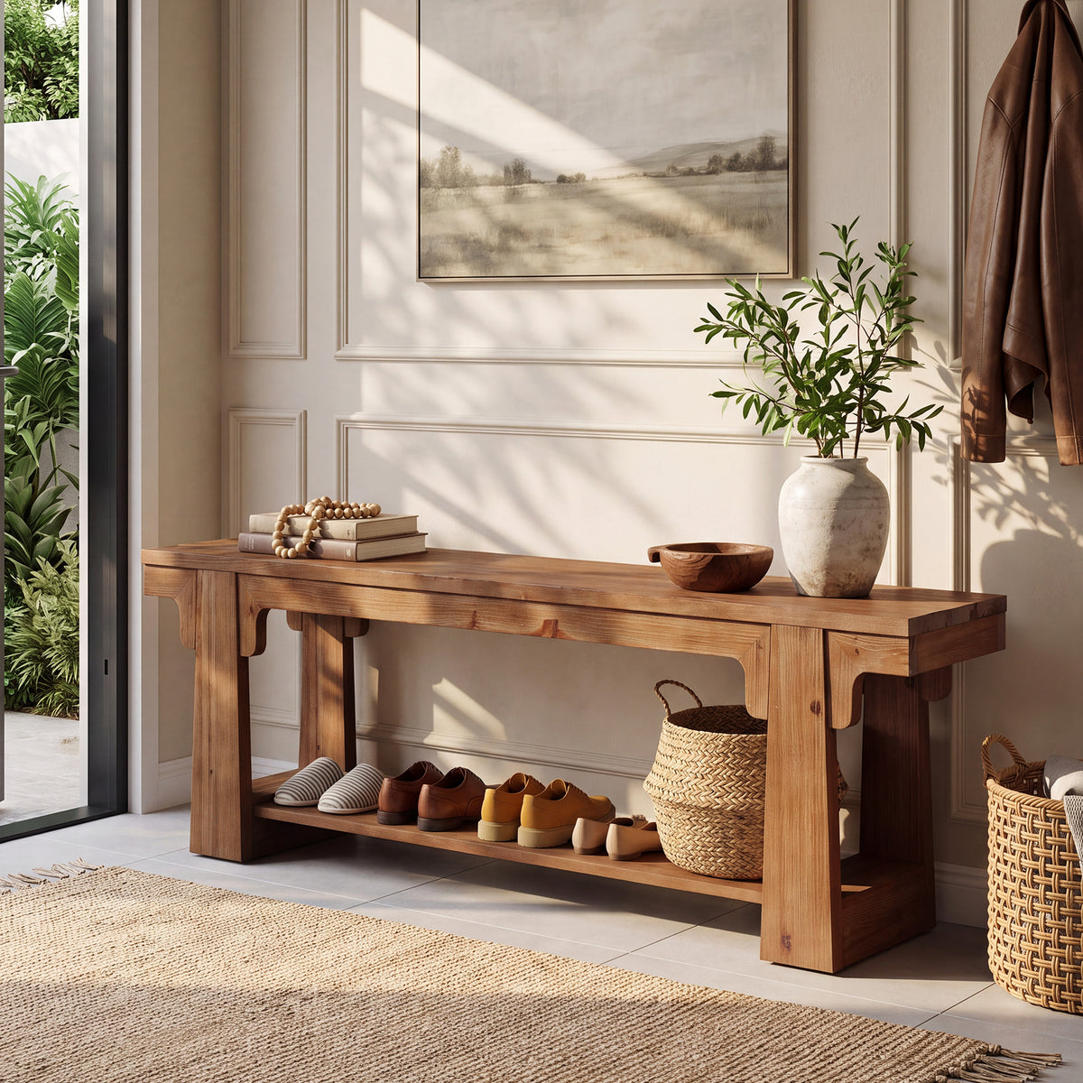 63" Natural Solid Wood Entryway Bench, 2-Tier Open Shoe Storage, Hallway