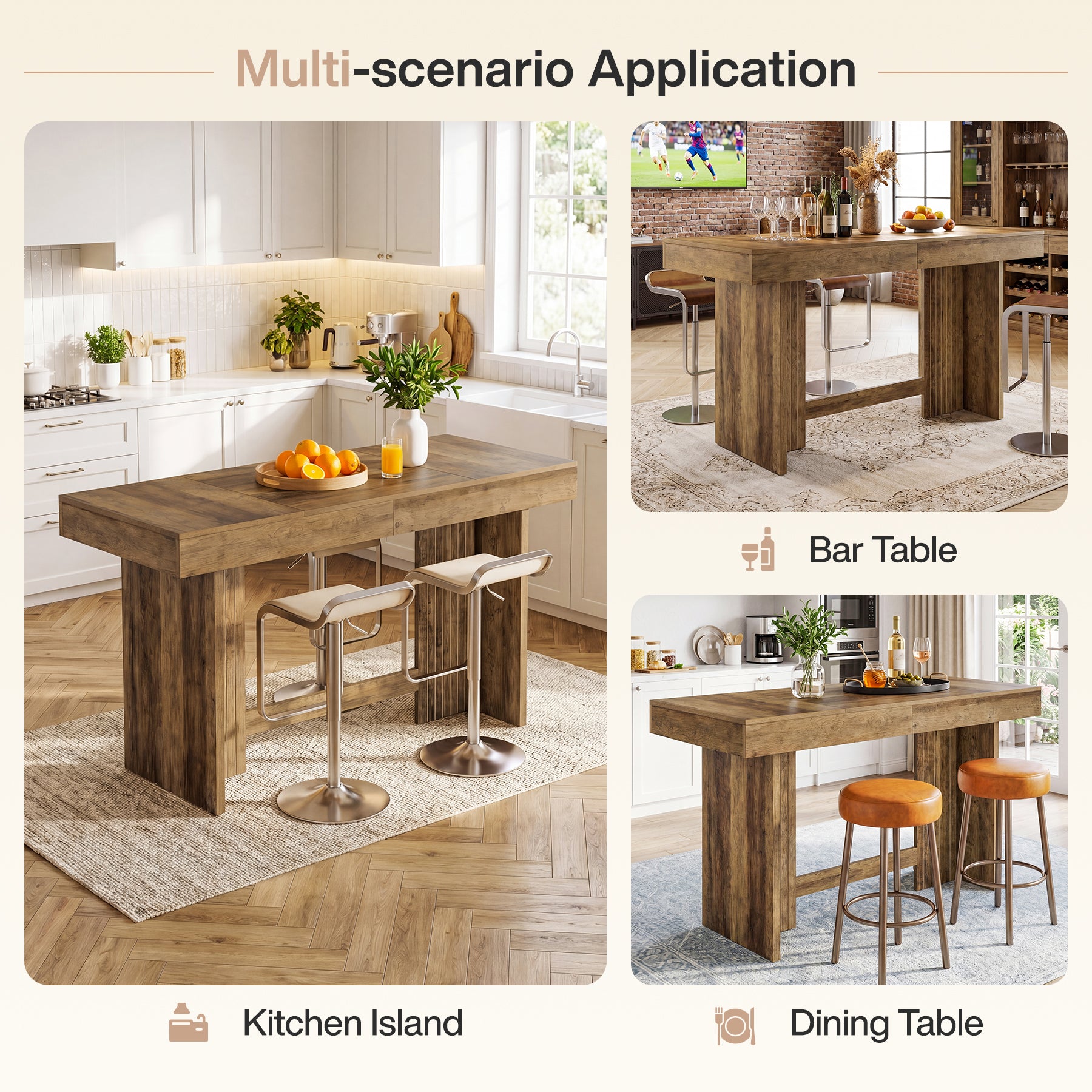 55" Kitchen Island, Farmhouse Stationary Table with Large Worktop
